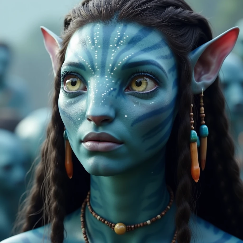 na'vi, na'vi race, avatar, pale teal blue skin, dark brown hair, blue eyes, straight brown hair with bangs