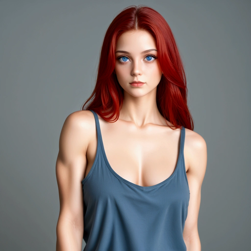 NFSW, nude photography essay, (whole body), ((highest quality, 8k, masterpiece :1.3)), One girl, Beautiful woman with slim abdominal muscles :1.3, (straight and long hair :1.2), (Oversized tank top:1.4), Highly detailed face, Fine grain, double eyelid, Underarm.Miss, Large|siliconed Breasts, Red hair, sharp eye-contact, (dark blue eyes)