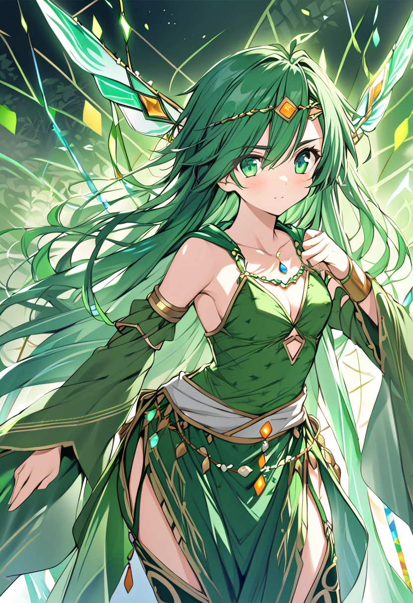 rydia, long hair, green hair, green eyes
circlet, hair ornament, green cape, green leotard, pelvic curtain, detached sleeves, thigh boots