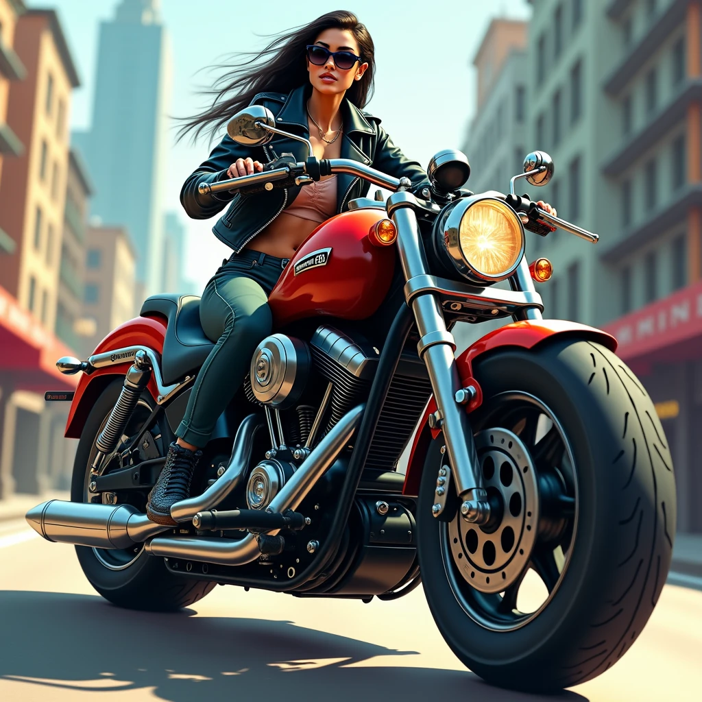 A Harley Davison motorcycle with an attractive woman riding it, beautiful pilot, walking on a city street , There are traffic lights, and buildings, some trees on the side of the street, clima tropical