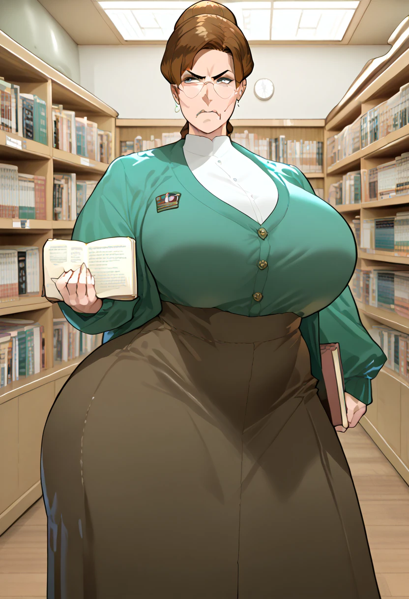 Female,milf,mature,brown hair,gigantic ,gigantic ass,hair bun,white plain shirt,short sleeve,long skirt,library,front view,angry face,no hair bang,green long sleeve jacket,mole on chin,holding books,glasses,