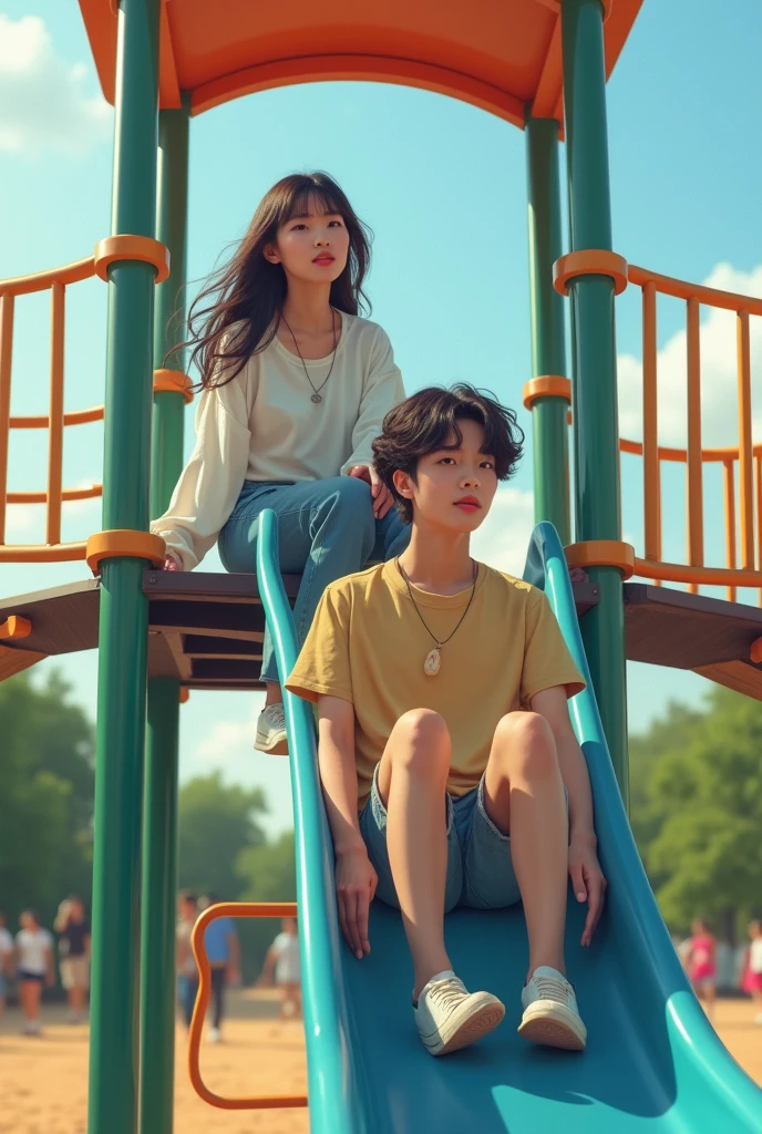 1chica, 1 chico, couple of short girl and tall man, at the amusement park, girl sitting on the boy, both on the same swing