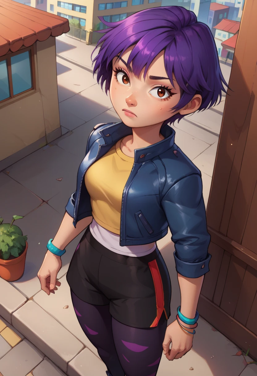  score_9,  score_8_above,  score_7_above, BREAK,snails, 1 girl, Alone,  short hair,  Black hair, jewelry, jacket, The purple hair , Bermuda, bracelet, makeabove, casual, cropped jacket, Leggings, sleeves pushed above, Capri pants, black Leggings,  gunman shot, brown eyes,  watching the spectator,  medium breasts,outdoors,city,