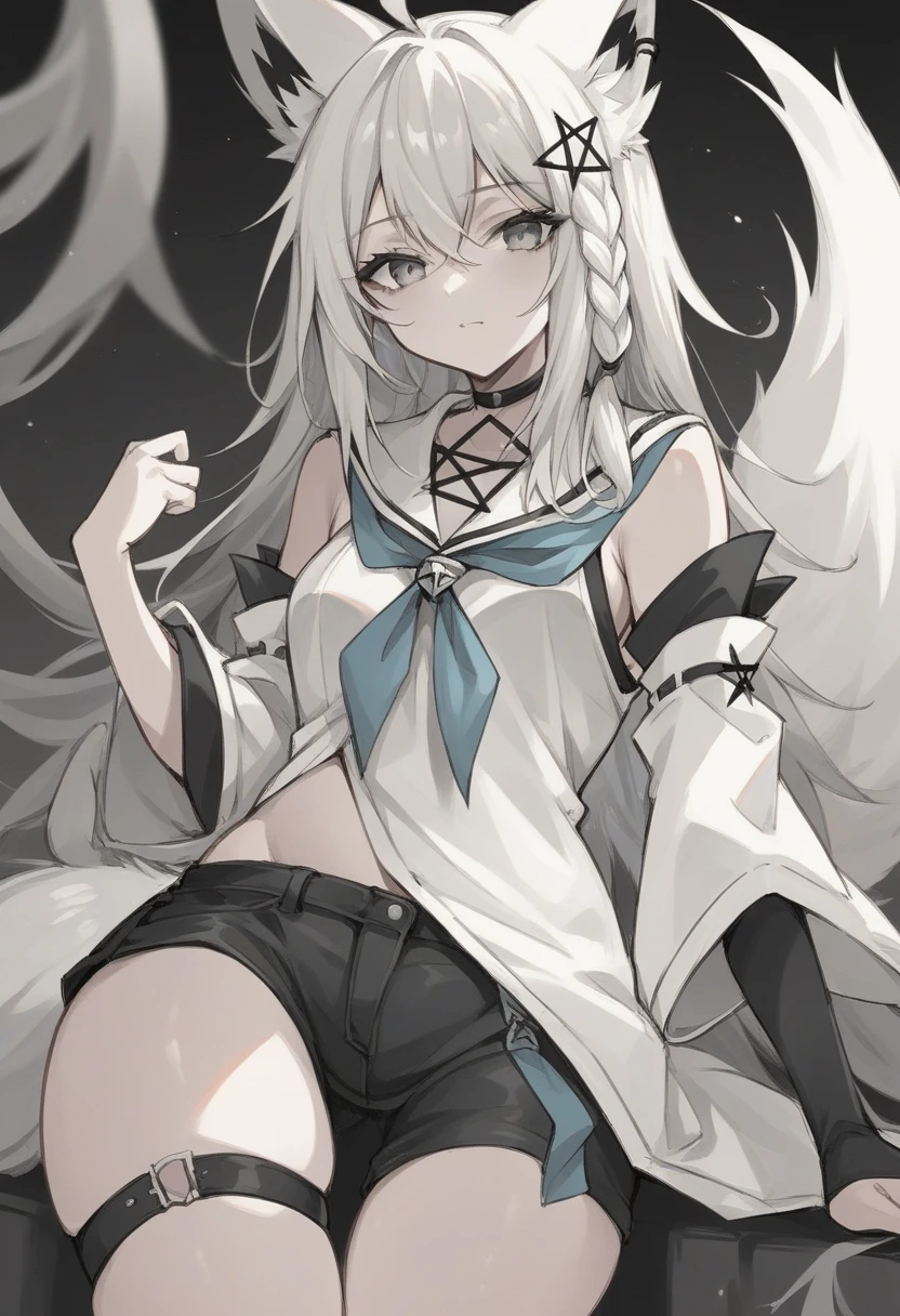 score_9, score_8_up,score_7_up, source_anime,pencil drawing,sketch, fubuki, white hair, single side braid, ahoge, piercing, fox tail, pentagram, fubukibase, white blouse, detached sleeves, black shorts, blue neckerchief, thigh strap, single thighhigh, white hair, single side braid, ahoge, piercing, fox tail, pentagram, monochrome,
 