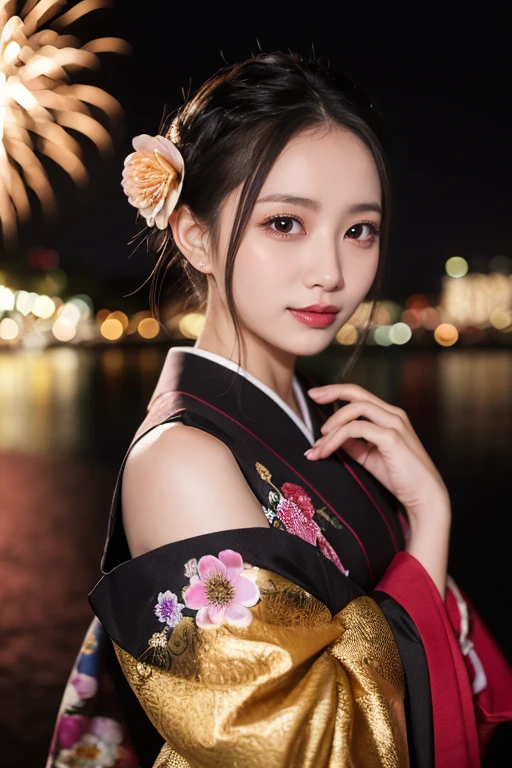 ((masterpiece(:1.4), top quality, super high resolution , top quality,8k,非常に Detailsな, Details))。 knight , Fireworks , Japanese , beautiful woman,, fancy makeup ,,Long sleeve kimono ,Start,Gold brocade,Sunny clothes, Tie up your hair ,hairpin, hair ornaments,can,On the way,Luxurious and extravagant,( Fireworks の knight に河川敷で花火を背景にしたスナップ写真),Pull up your dress to show your shoulders , viewers who stop at the edge, Closeup ,