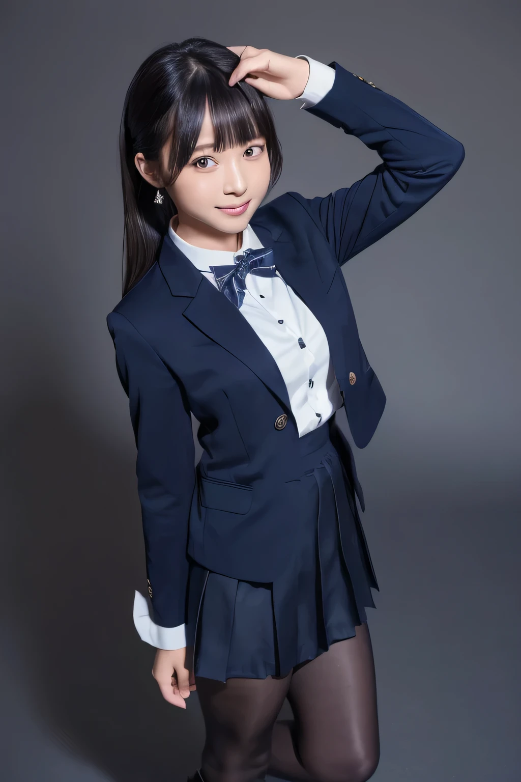 (masterpiece, highest quality:1.4), award-winning portraits, 8K, 85mm, alone, beautiful face, delicate girl, , (dark navy blazer jacket), dark navy skirt, long sleeve, violaces, gardenia, grace, Sophisticated, cute, teen, looking at the viewer, 15 years old, Raw photo, disorganized, HDR, sharp focus, A bow tie, background bokeh、(((flat 、thin and delicate body、A childish atmosphere)))、Her shiny semi-long hair is tied up、hair swaying in the wind、Mole on the left cheek、large, round, dark blue eyes、full body、random pose、、Junior idol、Nogizaka Idol、widening skirt、jump、mole under eye、sexy、Not wearing underwear、hands and feet are restrained