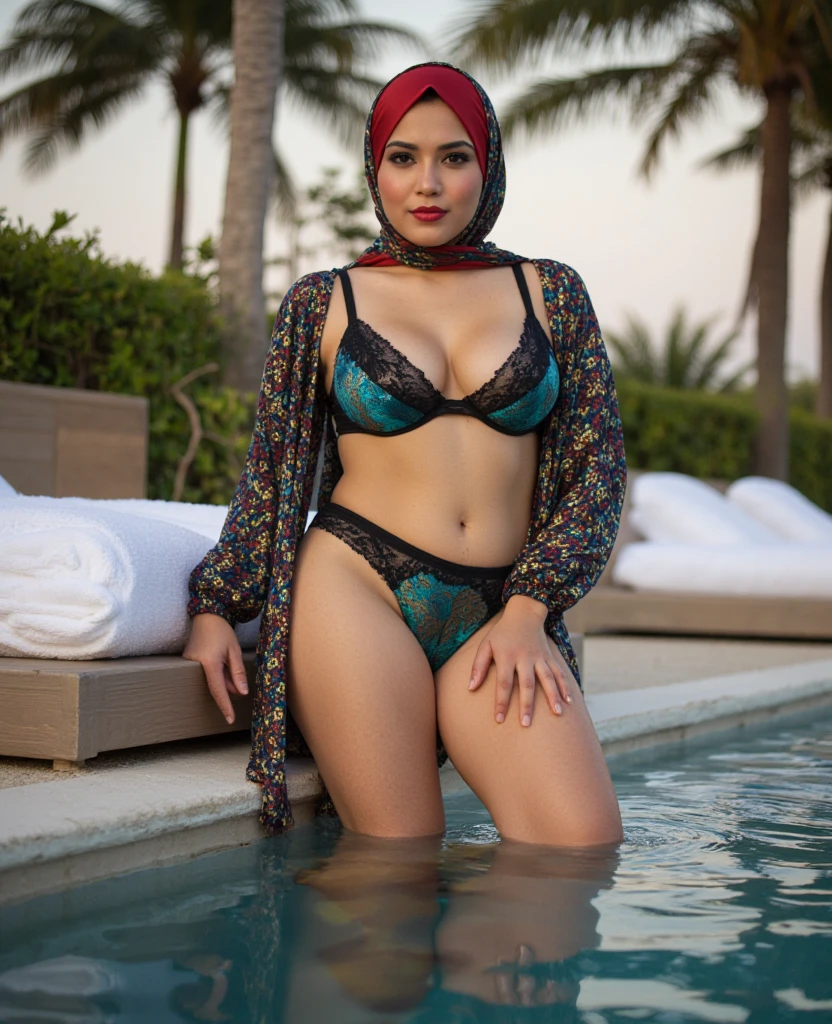 A young Asian woman with a curvaceous body, confidently flaunting her allure at a luxurious lounge pool. She is adorned in a vibrant hijab that wraps elegantly around her head, complementing the tantalizing satin lingerie that clings to her voluptuous figure. The lingerie, a mesmerizing blend of deep blues and shimmering golds, accentuates her ample cleavage and hips, leaving just enough to the imagination. Her dark eyes sparkle with a playful mischief, hinting at the seductive secrets hidden beneath the fabric. The water of the pool reflects the soft glow of the surrounding lights, casting a gentle ripple across her toned midriff and thighs as she sits on the edge, one leg submerged. The serene ambiance of the poolside is enhanced by the plush white towels and cushions, creating a stark yet harmonious contrast with the vivid colors of her attire. A soft breeze whispers through the palm trees, gently teasing the fabric of her lingerie and revealing the delicate lace that traces the outline of her fuller figure. Her skin glows with a warm sheen from the subtle mix of sunlight and the pool's reflections, adding a layer of sensuality to the scene. The professional photograph captures every curve and contour, every shimmer and shadow, presenting a stunning tableau of beauty, culture, and temptation that invites the viewer to indulge in the exotic and enigmatic narrative unfolding before their eyes.