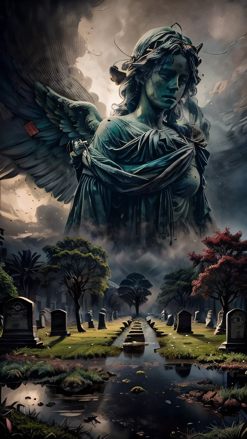 An abandoned ancient cemetery, moss-covered tombs, dark cloudy sky, light rain falling, silhouetted gnarled trees, dim atmospheric lighting with dramatic shadows, weathered and dust-covered angel statues, puddles reflecting faint lights, raw realism, cinematic composition with hyper detailed details, photographic quality.