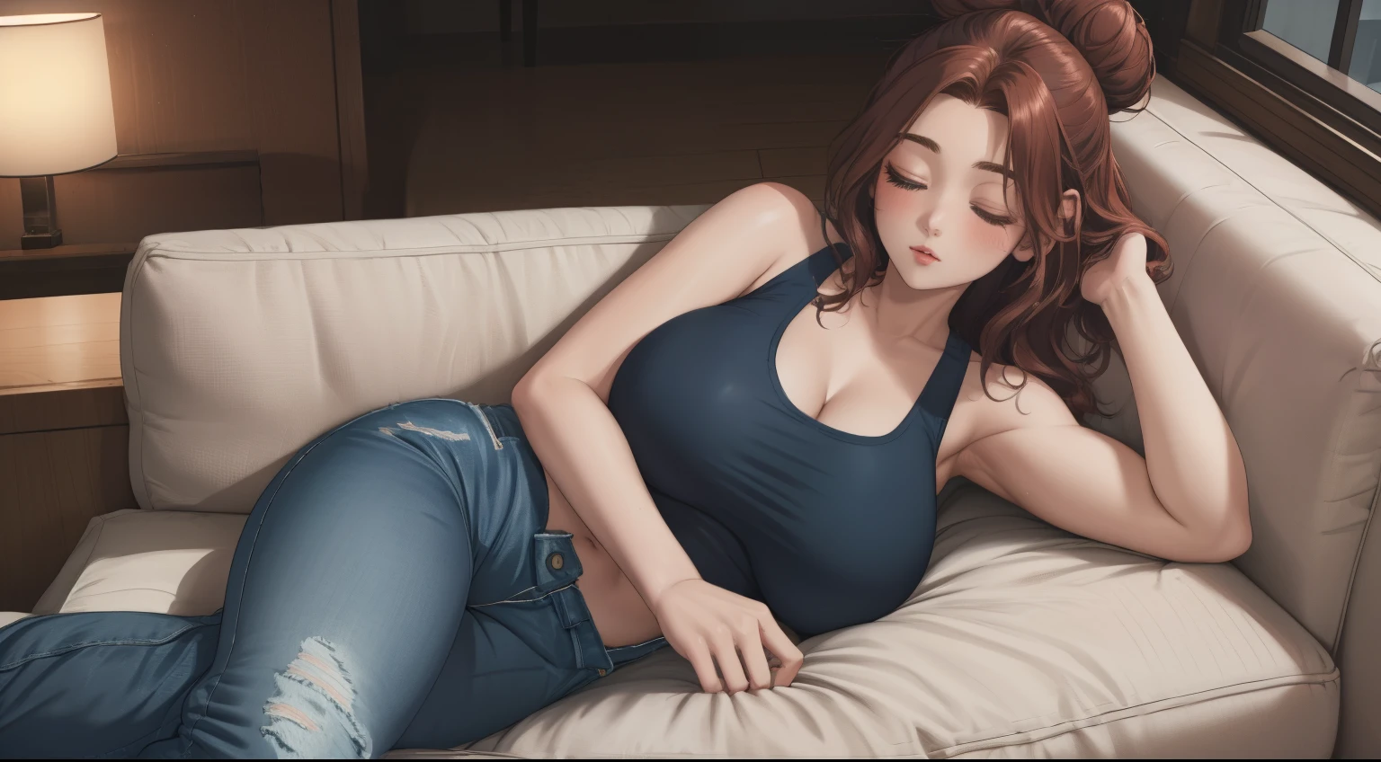 "A cozy room night scene rainy day featuring A woman with big breasts with short wavy auburn hair tied in a loose bun, wearing a pink tank top and fit jeans, she got sleeping on the couch.
