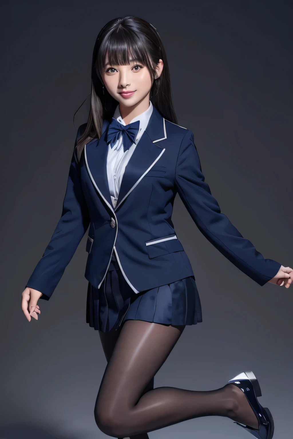 Max Image、HDR、Navy Blue Blazer、((Long tight skirt that hides the knee in plain navy blue ))、White blouse、((navy blue plain large bow tie))、((( black pantyhose)))、(( Black Loafers ))、(( full body photo standing up to his feet))、Cute high school girls、Height: 160cm、 smile like an idol 、 smiling and smiling、 professional writing、((Plain background))、(( Max Image)),((Beautiful double eyelids ))、( long lashes)、((( The blazer and skirt are the same dark blue and the material is the same)))、((Dark brown, glossy hair ))、((Model Face Change ))、(( Ribbon Design Change))、((No handkerchief))、((silver cherry pin badge on collar))、 ponytail、((silver cherry pin badge on collar))、D Cup、(( best smile))、As cute as a popular idol、((The jacket and skirt are the same color)), (光る black pantyhose)、((navy blue super long tight skirt))、 idol-like face 、( The blazer and skirt are the same dark blue and the material is the same)