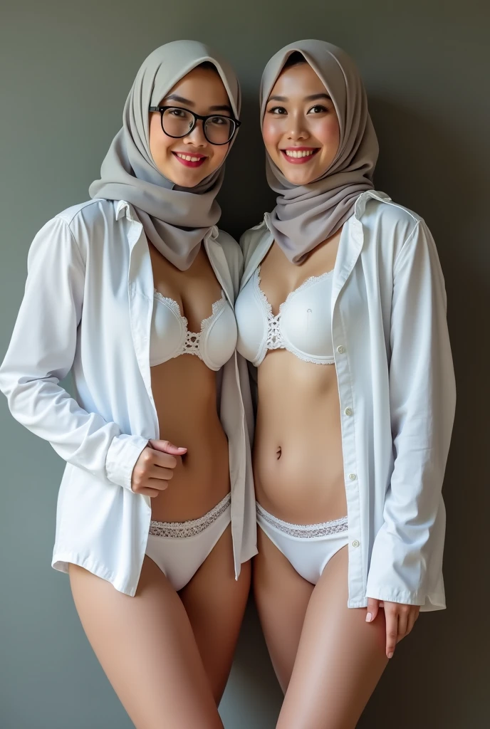 1 young Sexy malay girl and 1 sexy matured 40 years old malay woman in hijab on a fabric couch, mother and daughter, wear white cotton bra and panties,  laughing, happy seducing pose, glasses, pastel hijab, small breast, slim, small abs, wide waist, thick thighs, high quality, 8k, ultra detail,