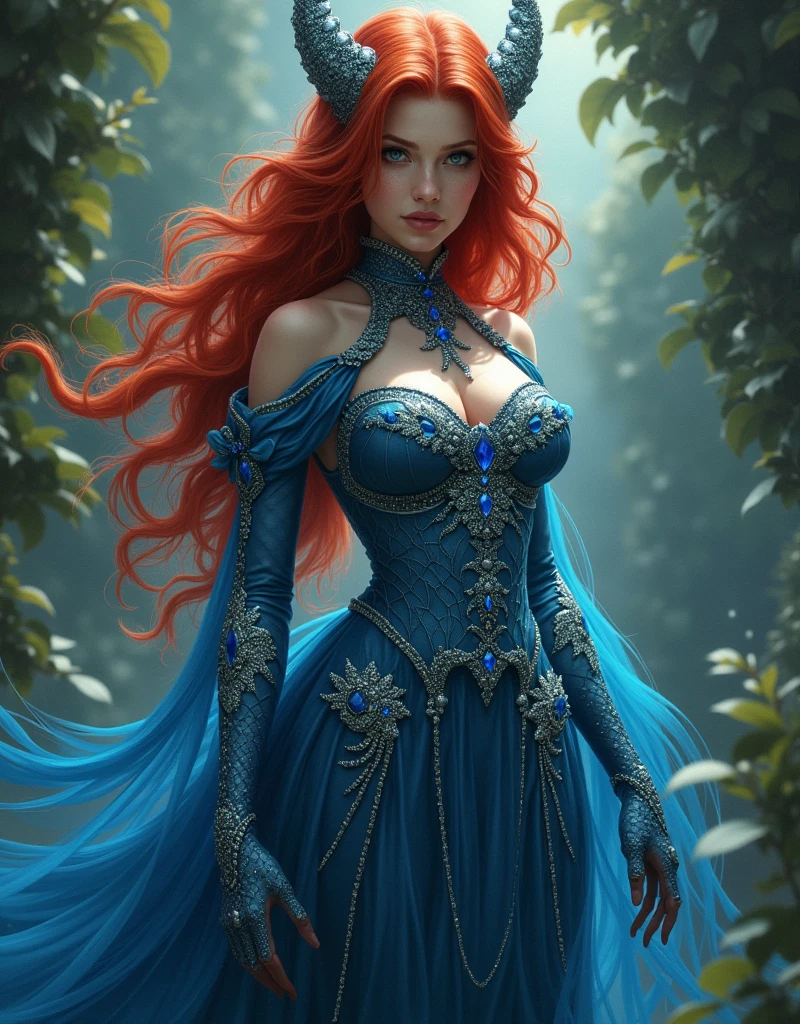 gorgeous red haired sorceress, blue dress, leg-slit, deep v-neck