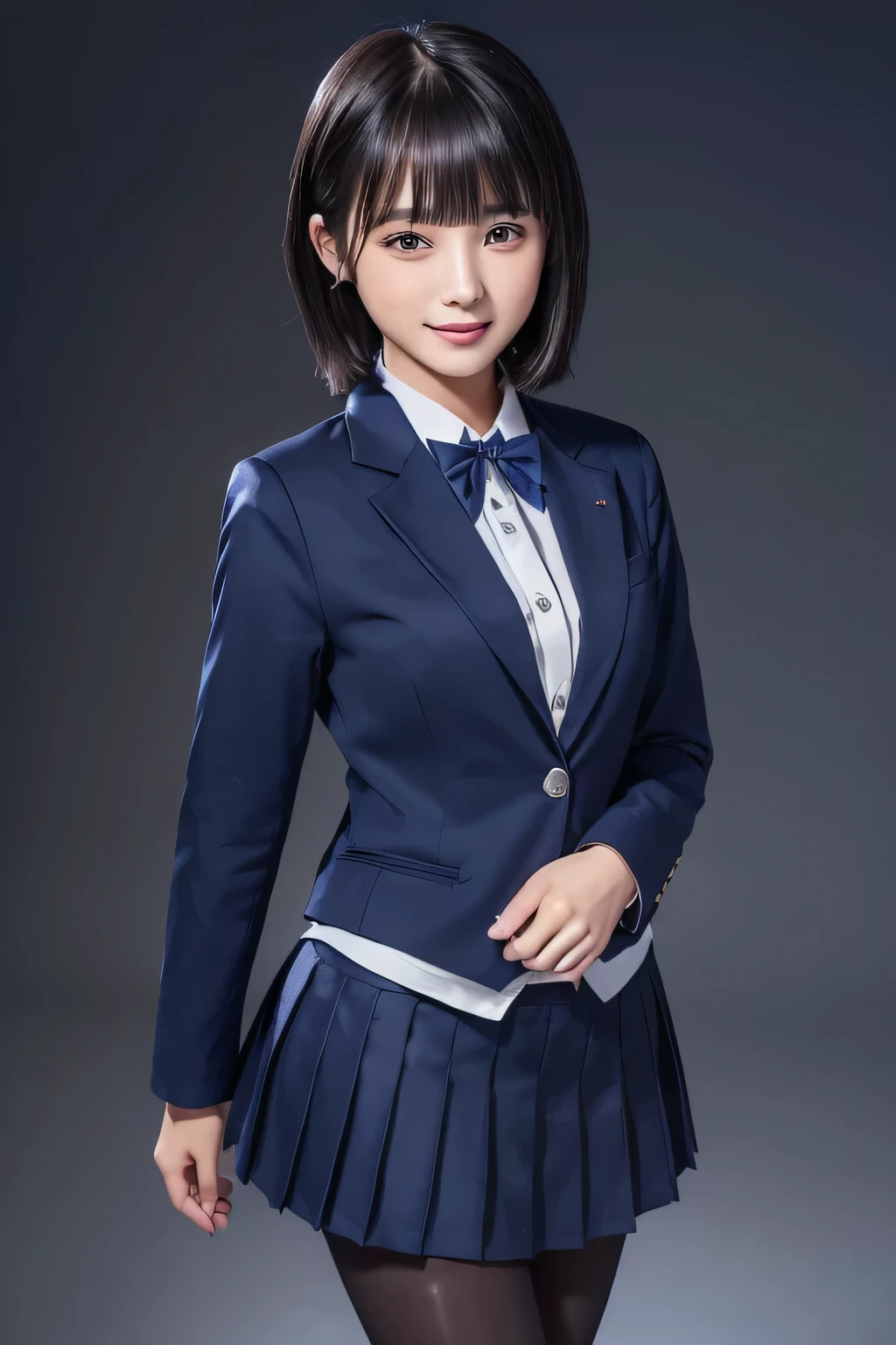 Max Image、HDR、Navy Blue Blazer、((Long tight skirt that hides the knee in plain navy blue ))、White blouse、((navy blue plain large bow tie))、((( black pantyhose)))、(( Black Loafers ))、(( full body photo standing up to his feet))、Cute high school girls、Height: 160cm、 smile like an idol 、 smiling and smiling、 professional writing、((Plain background))、(( Max Image)),((Beautiful double eyelids ))、( long lashes)、((( The blazer and skirt are the same dark blue and the material is the same)))、((Dark brown, glossy hair ))、((Model Face Change ))、(( Ribbon Design Change))、((No handkerchief))、((silver cherry pin badge on collar))、 very short hair、((silver cherry pin badge on collar))、D Cup、(( best smile))、As cute as a popular idol、((The jacket and skirt are the same color)), (光る black pantyhose)、((navy blue super long tight skirt))、 idol-like face 、( The blazer and skirt are the same dark blue and the material is the same)