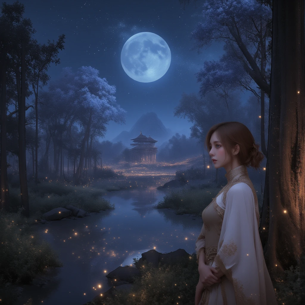 Masterpiece, Excellent, (Office: 1.8), CG drawing with super high detail, a royal sister standing, angry expression, a woman with short tan hair, wearing a layered dress, hands crossed at waist, facing directly toward the audience, half-body portrait, illustration, wide angle panorama, a spectacular night, ethereal moonlit forest in the background, glowing fireflies surrounding her, mystical atmosphere, vibrant stars in the sky, serene pond reflecting the night sky in the distance, ancient ruined temple partially visible, gnarled twisted trees framing the scene, dramatic lighting, dramatic shadows, cinematic composition, fantasy, surreal, (best quality,4k,8k,highres,masterpiece:1.2), ultra-detailed, (realistic, photorealistic, photo-realistic:1.37), detailed night sky, dramatic moody lighting.