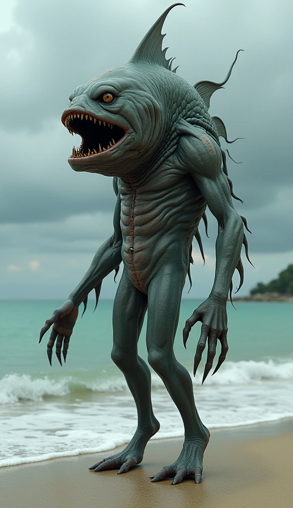 NSFW (nude) (male Cthulhu with penis) full body, standing on a deserted beach