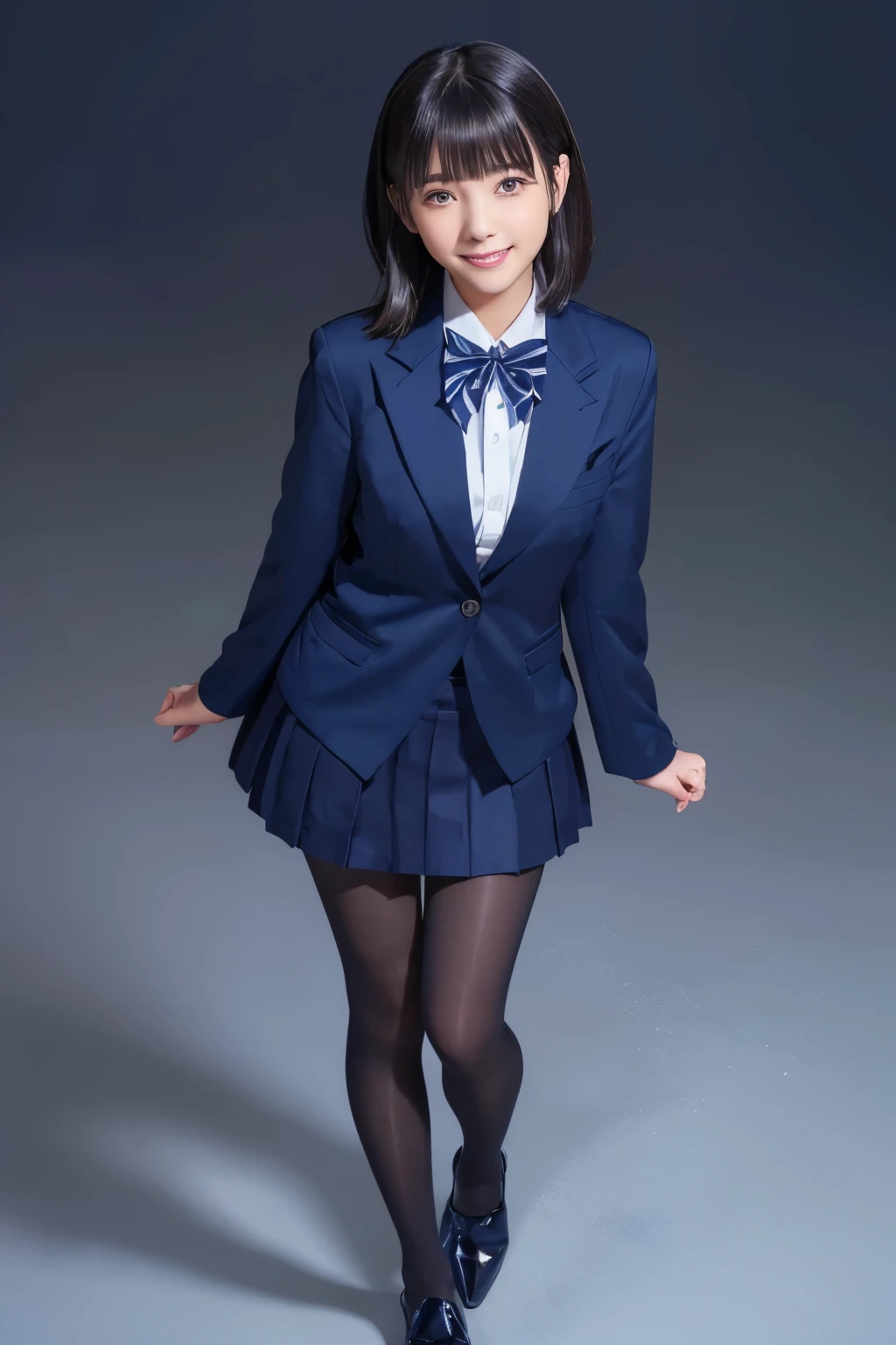  Max Image、HDR、 navy blue blazer、((Long tight skirt that hides the knee in plain navy blue ))、White blouse、((navy blue plain large bow tie))、((( black pantyhose)))、(( Black Loafers ))、(( full body photo of standing up to the feet))、Cute high school girls、Height: 160cm、 smile like an idol、 smiling and smiling、 professional lighting、((Plain background))、(( Max Image)),((Beautiful double eyelids ))、（ long lashes）、((( The blazer and skirt are the same dark blue and the material is the same)))、(( dark brown shiny hair ))、((Model Face Change ))、(( Ribbon Design Change))、((No handkerchief))、((silver cherry pin badge on collar))、 very short hair、((silver cherry pin badge on collar))、G-Cup、(( best smile))、As cute as a popular idol、((The jacket and skirt are the same color)), (光る black pantyhose)、(( navy blue plain super long tight skirt))、 idol-like face 、（ The blazer and skirt are the same dark blue and the material is the same）