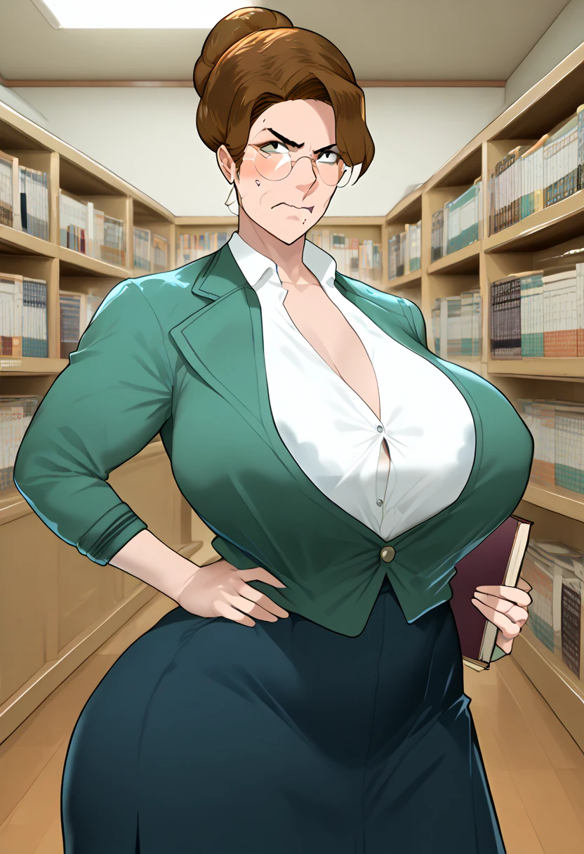 Female,milf,mature,brown hair,gigantic ,gigantic ass,hair bun,white plain shirt,short sleeve,long skirt,library, front view,angry face,no hair bang,green long sleeve jacket,mole on chin,holding books,glasses,pull back hair,bouncing boobs,unbuttoned shirt,dark nipples, mole on nipples,pissed off face, someone groping her boobs, surrender hand,saggy boobs,