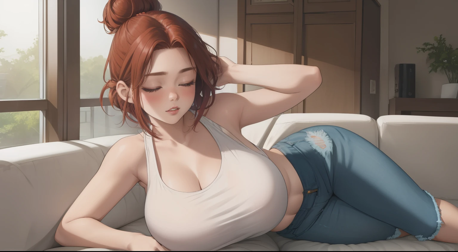 "A cozy room night scene rainy day featuring A woman short auburn hair with big breasts with short, wavy auburn hair tied in a loose bun, wearing a pink tank top and fit jeans, she got sleeping on the couch, hand behind of head, looks beautiful moments.
