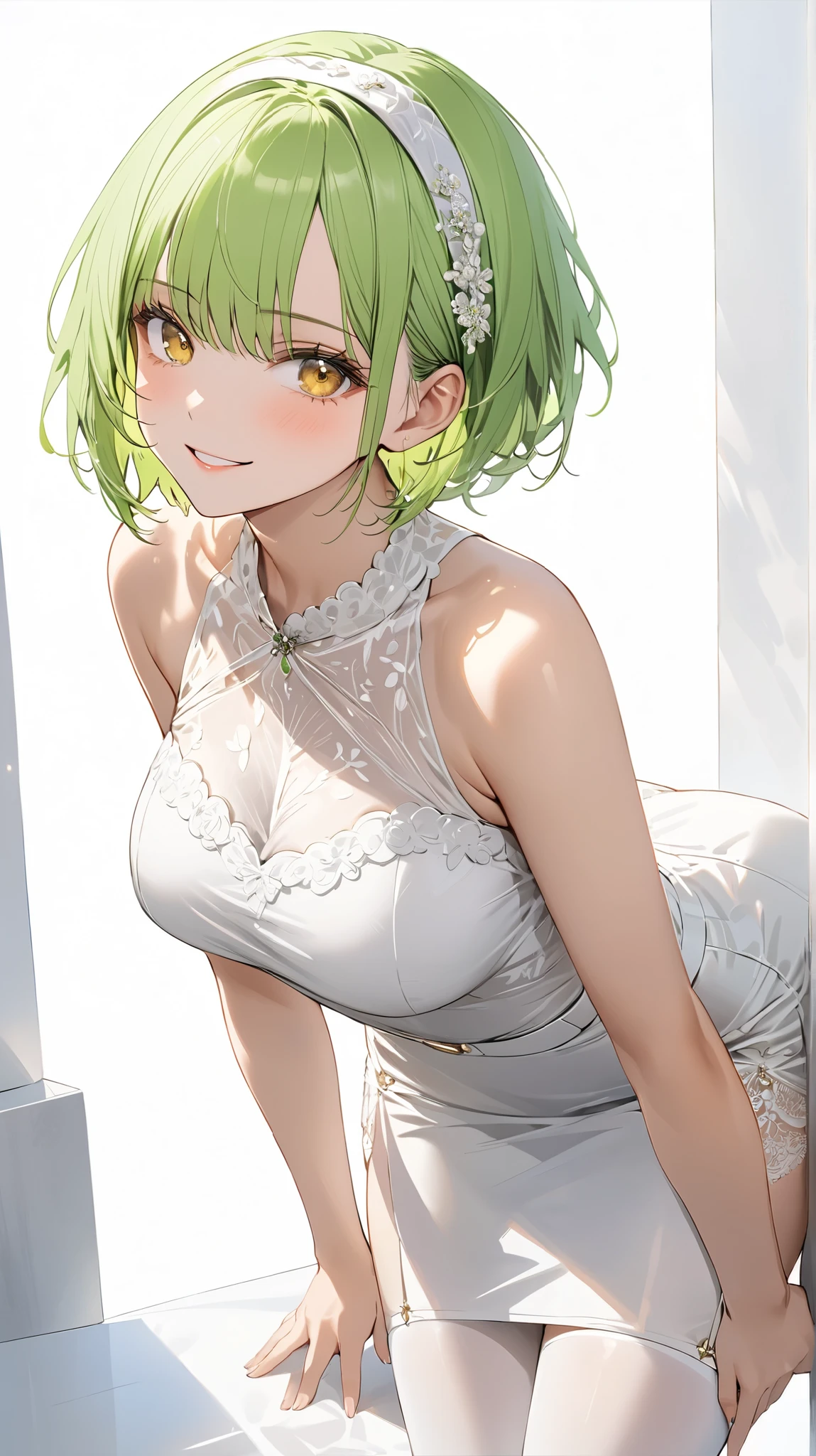 full body display ,semi realistic, Masterpiece, Master work, perfect , 4k, 1girl, young girl, mature body, medium size breast, short hair, middle parted hair style, showing forehead, wearing headband, neon green colored hair, yellow eyes, happy expression face, wearing formal white dress, short pencil skirt, wearing garter belt, white stocking, sleeveless, standing pose, white background,  high res, ultrasharp, 8K, masterpiece, looking at the viewer (masterpiece), best quality, expressive eyes, perfect face