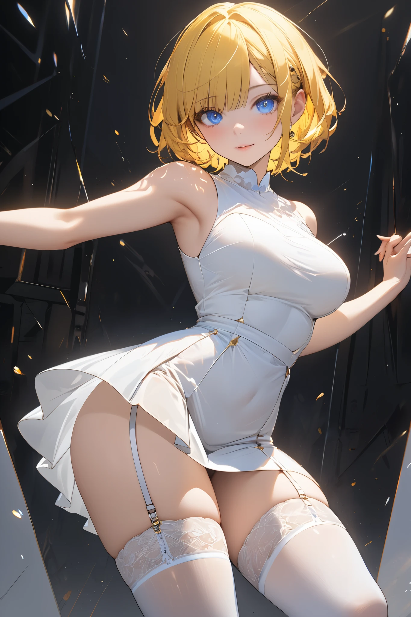 ((((masterpiece, best quality, high resolution)))), full body,Extremely detailed 8K, Beautiful girl with slender body, e-girl, (Ultra HD, Ultra-detailed, Highly detailed, Highly realistic, Ultra-realistic, photograph realistic), (1girl:1.5), (Realistic blonde hair with dark roots), wavy hair, boho bob cut,(dark makeup, pink eyeshadow), facing at camera, light smile, (white and gold outfit, see through clothes, wet skin). (space cruise)