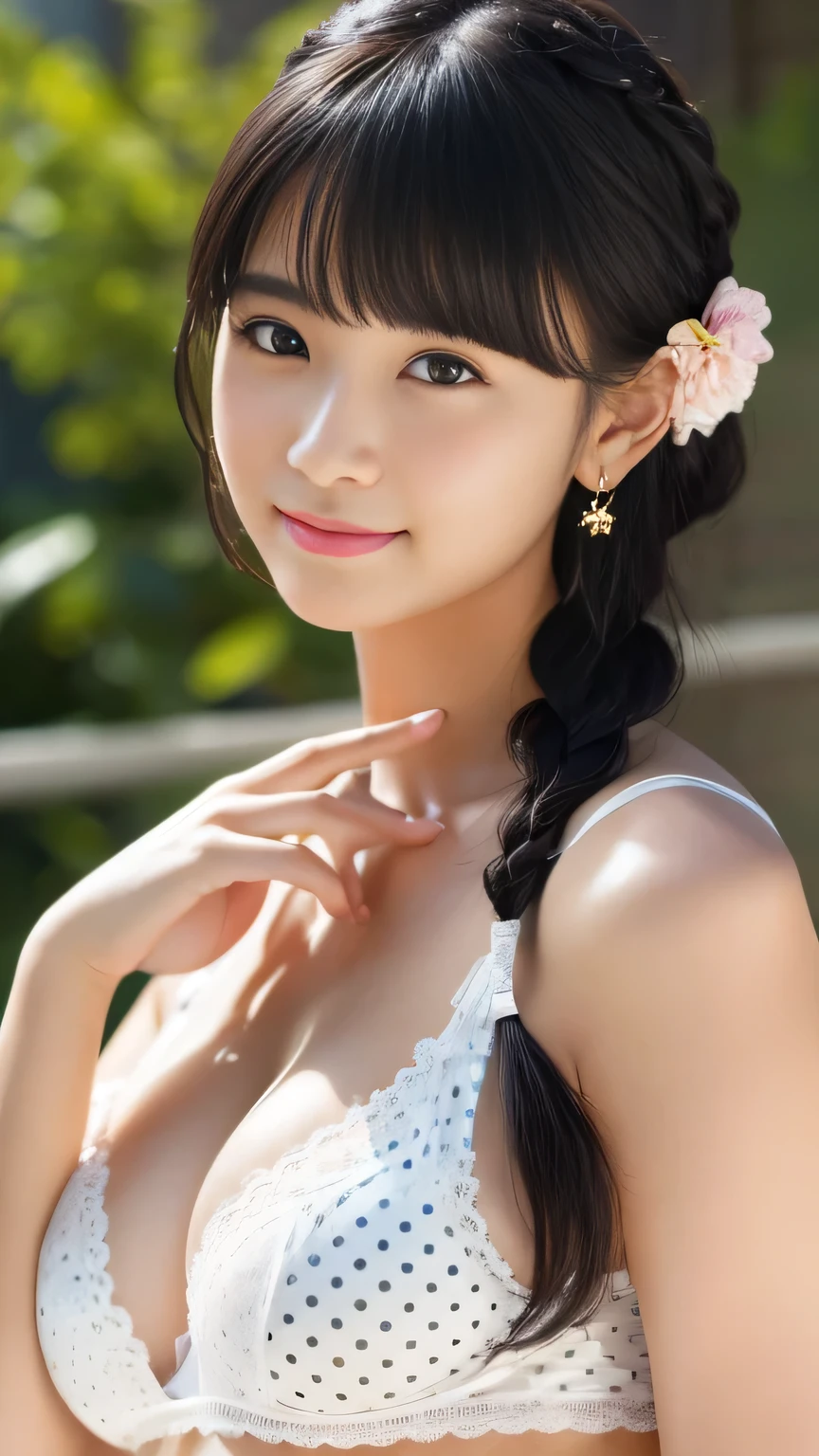 A one-of-a-kind masterpiece  ,     very concentrated    、   wonderful、        super high resolution   、 Highly detailed CG unity 8k wallpaper,        1 girl, beautiful,   realistic  ,     Black hair in the foreground     、   Women's Earrings       , flower,  jewellery, nose,   realistic  , Alone,  (   braided   )   wavy hair   、beautiful bangs、,   small breasts with hidden fingers、     provocative smile  、      full body portrait    (  Polka Dot Underwear 1        ,2)    Ultra Quality、 absurd、 ridiculous 、Award-winning works、