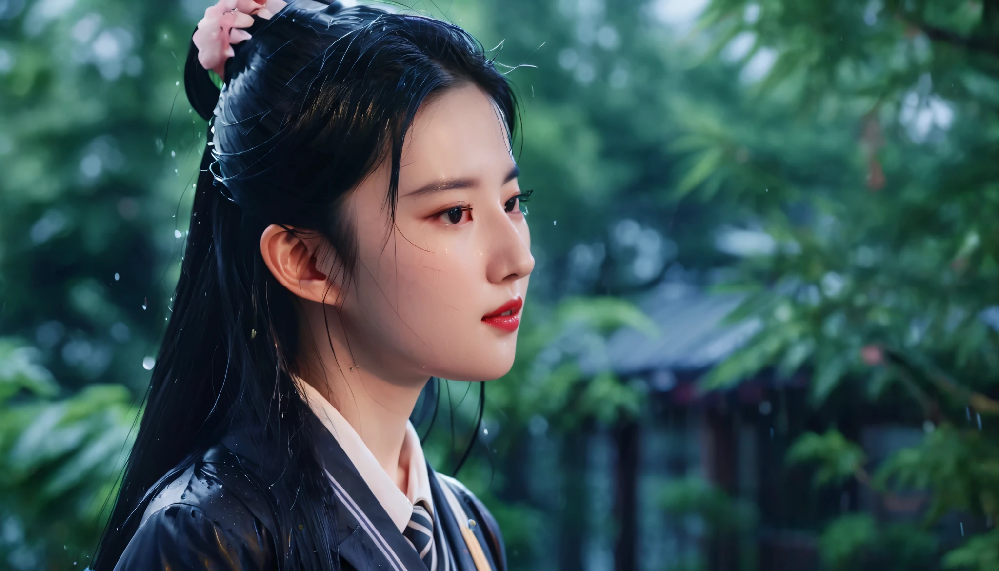 1girl, long black hair,schoolgirl uniform, shy, blush, wet, rain, transparent, (masterpiece, best quality), soft light, cinematic composition, cinematic light