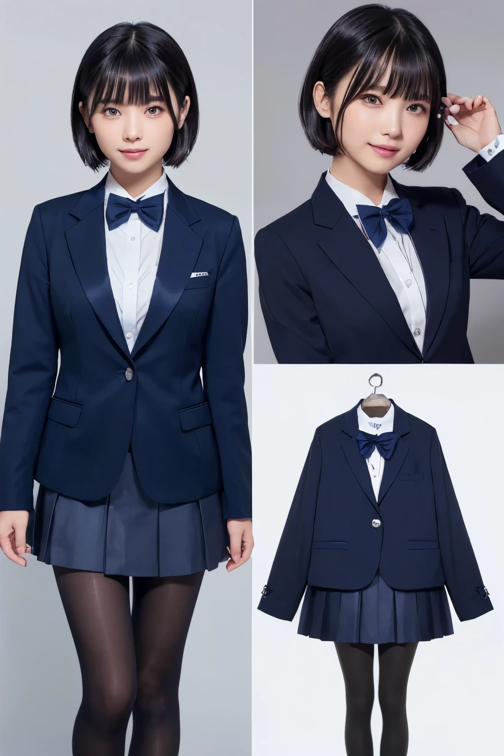 Max Image、HDR、 navy blue blazer、((Long tight skirt that hides the knee in plain navy blue ))、White blouse、((navy blue plain large bow tie))、((( black pantyhose)))、(( Black Loafers ))、(( full body photo of standing up to the feet))、Cute high school girls、Height: 160cm、 smile like an idol、 smiling and smiling、 professional lighting、((Plain background))、(( Max Image)),((Beautiful double eyelids ))、( long lashes)、((( The blazer and skirt are the same dark blue and the material is the same)))、(( dark brown shiny hair ))、((Model Face Change ))、(( Ribbon Design Change))、((No handkerchief))、((silver cherry pin badge on collar))、 very short hair、((silver cherry pin badge on collar))、G-Cup、(( best smile))、As cute as a popular idol、((The jacket and skirt are the same color)), (光る black pantyhose)、(( navy blue plain super long tight skirt))、 idol-like face 、( The blazer and skirt are the same dark blue and the material is the same)