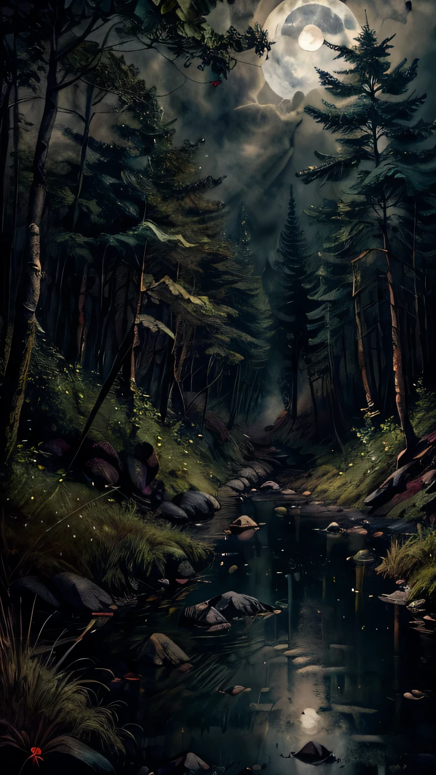  A dense forest at night ,  tall trees with bare branches ,  rain dripping down the trunks , creeping fog ,  moonlight filtered by dense clouds ,  deep shadows between trees ,  ground covered with damp leaves and mud ,  an environment charged with tension ,  dark cinematic atmosphere ,  detailed realism and composition worthy of.