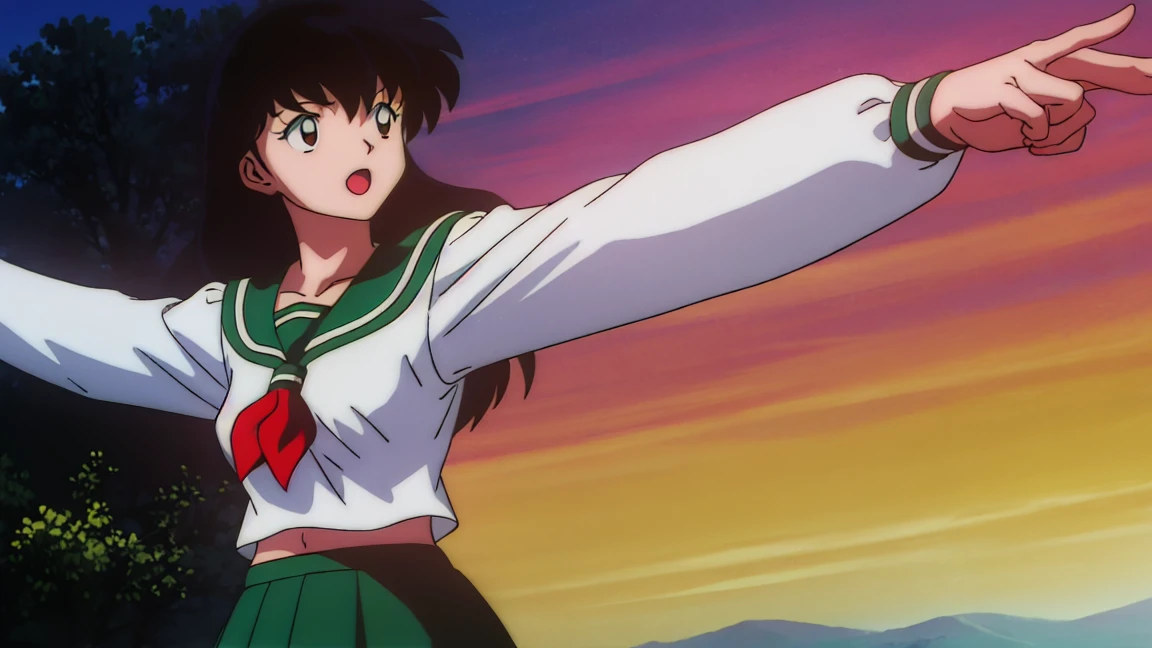 1girl, solo, outdoors, long hair, brown eyes, school uniform,(Masterpiece: 1.6, Best Quality), (Fine Beautiful Eyes: 1.2), (best quality, masterpiece, higher), green school uniform, soft thighs , long sleeves, white socks, scenery , Best Quality, ((anime)) ((Colored)) HD, Kagome Higurashi ,school uniforms, Standing, Green skirt, Red scarf, long hair, Black hair between the eyes, Thighs are soft, school background , black hair, skirt ,standing, green skirt, serafuku, belly button, stretching, both arms up high, happy
