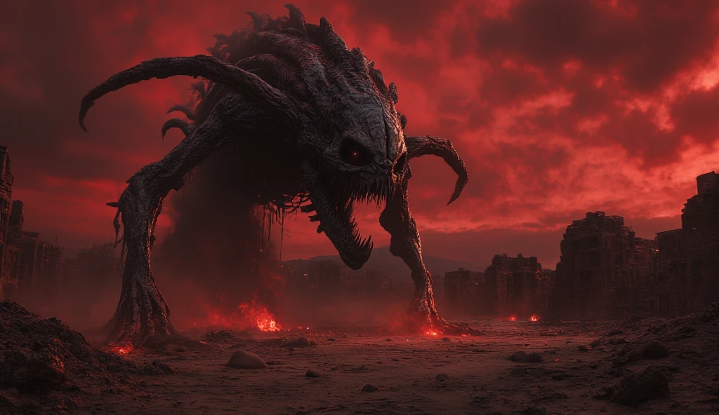 A colossal demon skull buried in the sands of the bloody wasteland. An ancient artifact from a long time ago. A crimson sunset, scarlet clouds in a black sky. A bonfire is burning. the ruins of the city. The Gate to Hell