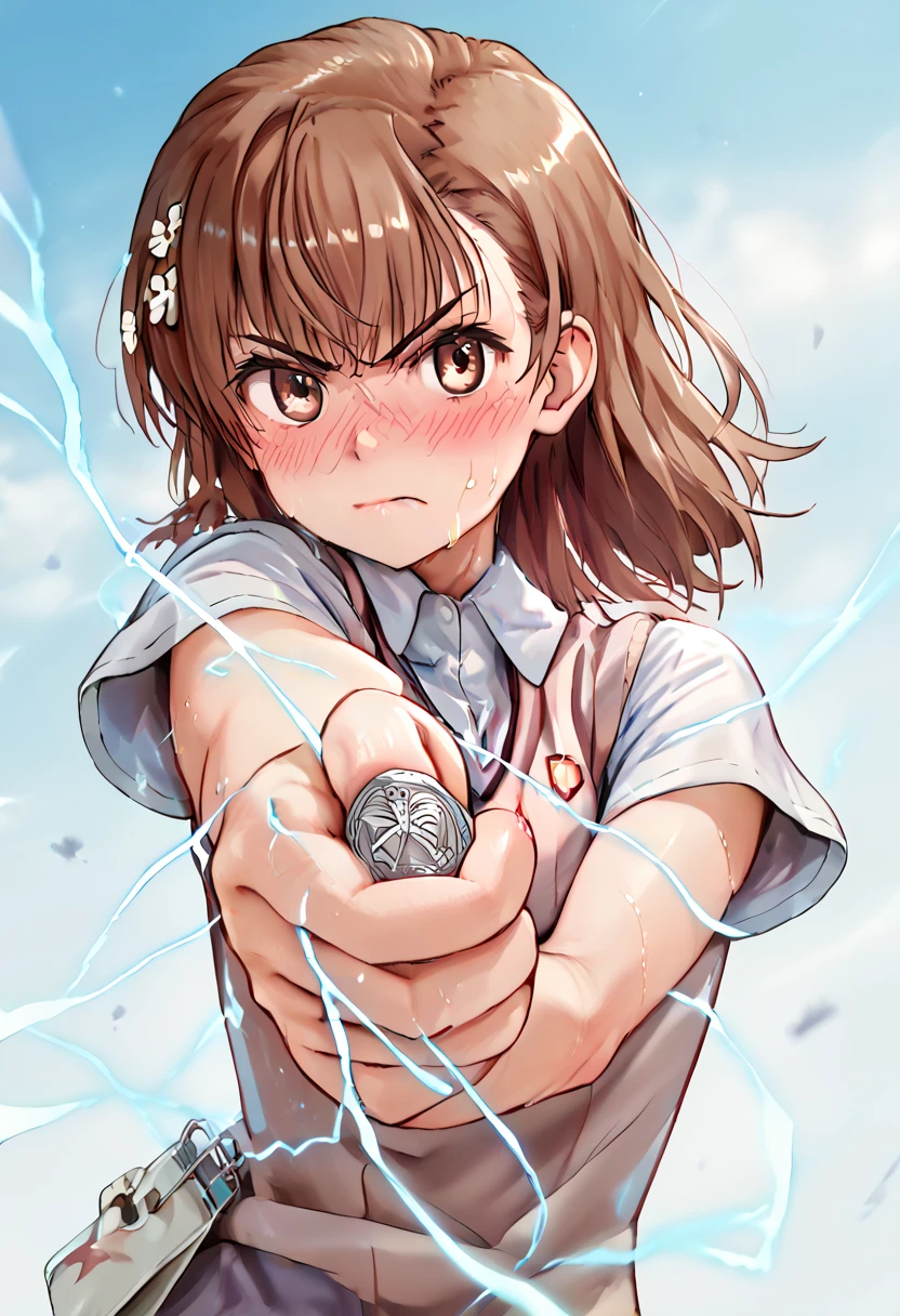 misaka mikoto,1girl,solo,tokiwadai school uniform,sweater vest,school uniform,hair ornament,short hair,hair flower, upper body,shirt,flower,perfect hands, perfect finger,perfect anatomy, masterpiece, best quality,realistic, hyperrealistic, 16k hdr,1 mature female,indoor,Research Institute,sweat,coin, holding coin, facing viewer, looking at the viewer, electricity, electrokinesis,(red blush,angry:1.4),(strong wind:1.3)