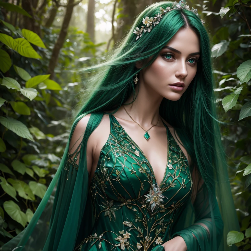 Professional upper body photo, (Photo 4k:1.1) by (Jeremy Lipking:0.3), (Dittmann Anna:0.3), (Cécile:0.3), (sharp focus:0.1), high detail. A beautiful and ethereal sorceress in emerald-green attire, wearing a flowing emerald-green gown adorned with delicate vine and flower patterns, complemented by radiant emerald jewelry, poses in a mystical forest, surrounded by glowing plants, and the air seems to shimmer with her magic. She has long, straight emerald-green hair with bangs, emerald-green skin, a diamond-shaped face with high cheekbones, almond-shaped, emerald-green eyes with double eyelids, soft-angled eyebrows, a straight, well-defined nose, full lower lips, and an instagram-model pose. appearing confident. Features include a fit, slim body, an attractive hourglass figure, medium breats (1.2), perfect anatomy, and perfect symmetry (1.2). Realistic, realistic face (1.2), perfect face, content, confident. Highly detailed, dramatic, cinematic lighting, soft lights, negative erratic motion fluctuation.