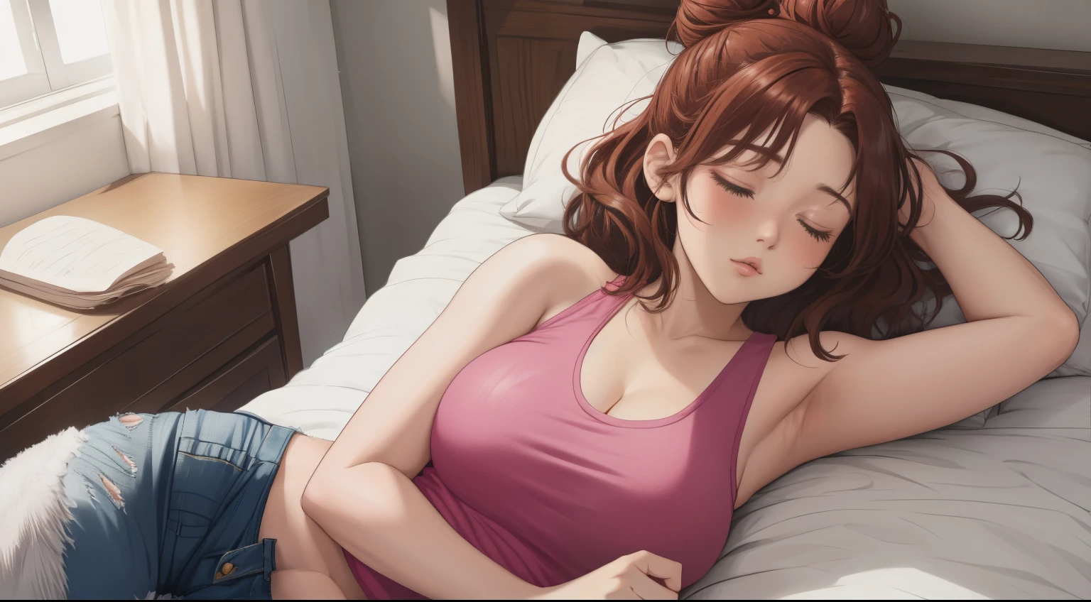 "A cozy room night scene rainy day featuring A woman with short wavy auburn hair tied in a loose bun, wearing a pink tank top and fit jeans, she got sleeping on the bedroom, hand behind of head, looks beautiful moments.
