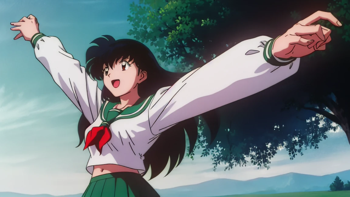 1girl, solo, outdoors, long hair, brown eyes, school uniform,(Masterpiece: 1.6, Best Quality), (Fine Beautiful Eyes: 1.2), (best quality, masterpiece, higher), green school uniform, soft thighs , long sleeves, white socks, scenery , Best Quality, ((anime)) ((Colored)) HD, Kagome Higurashi ,school uniforms, Standing, Green skirt, Red scarf, long hair, Black hair between the eyes, Thighs are soft, school background , black hair, skirt ,standing, green skirt, serafuku, belly button, stretching, both arms up high, happy
