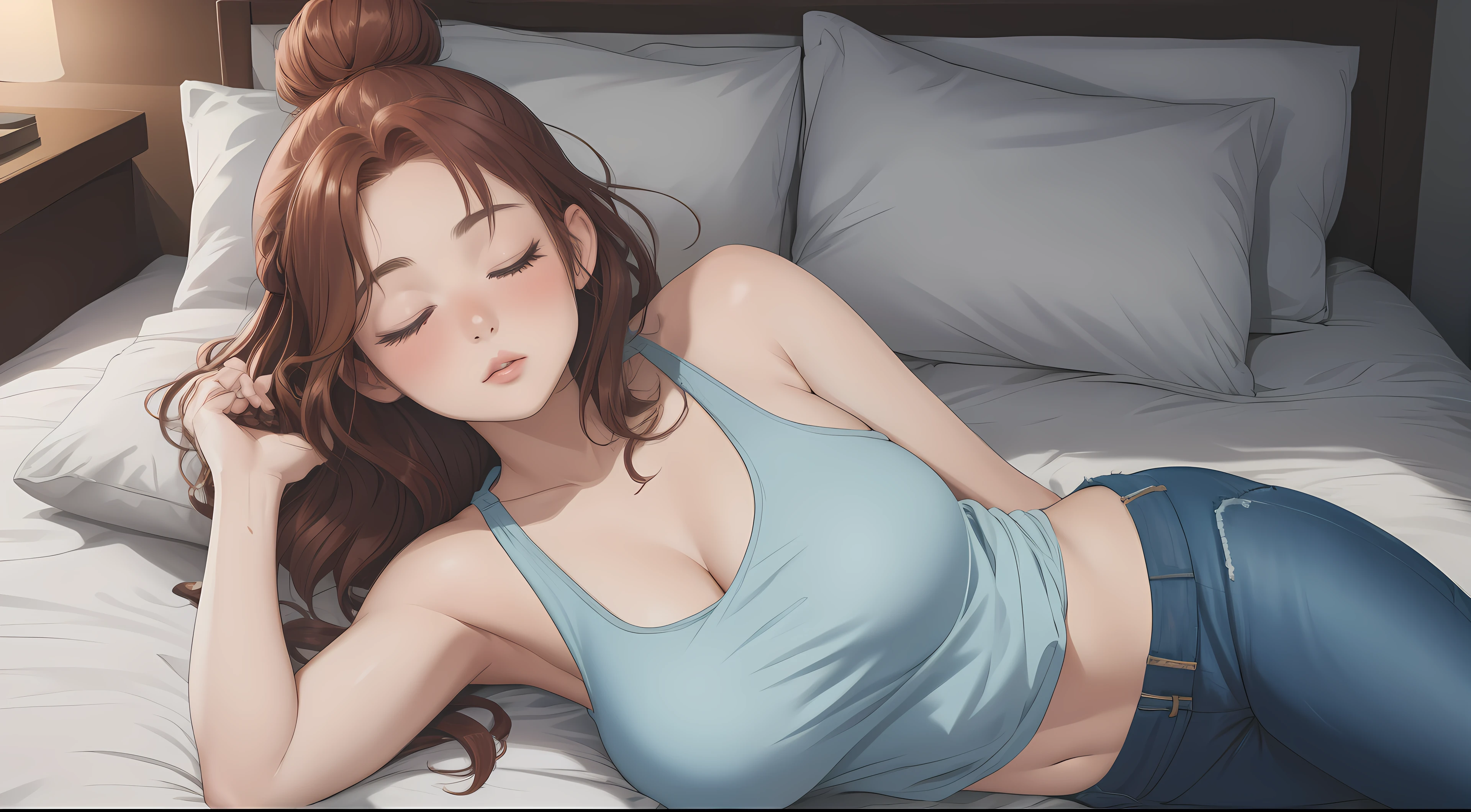 "A cozy room night scene rainy day featuring A woman with short wavy auburn hair tied in a loose bun, wearing a pink tank top and fit jeans, she got sleeping on the bedroom, hand behind of head, looks beautiful moments.
