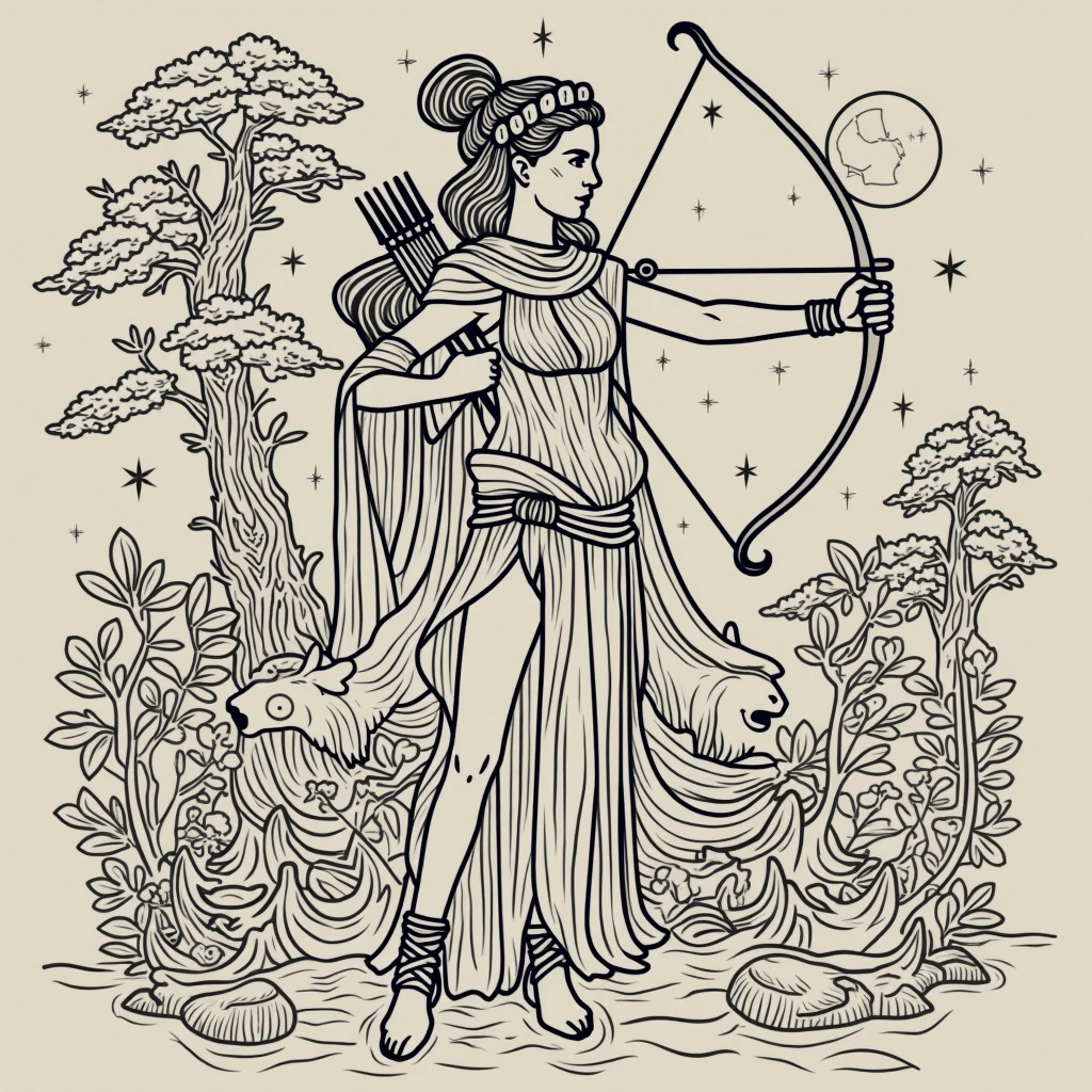 (Linear tattoo), Greek warrior goddess aiming war bow and arrows facing front and Sagittarius in the background