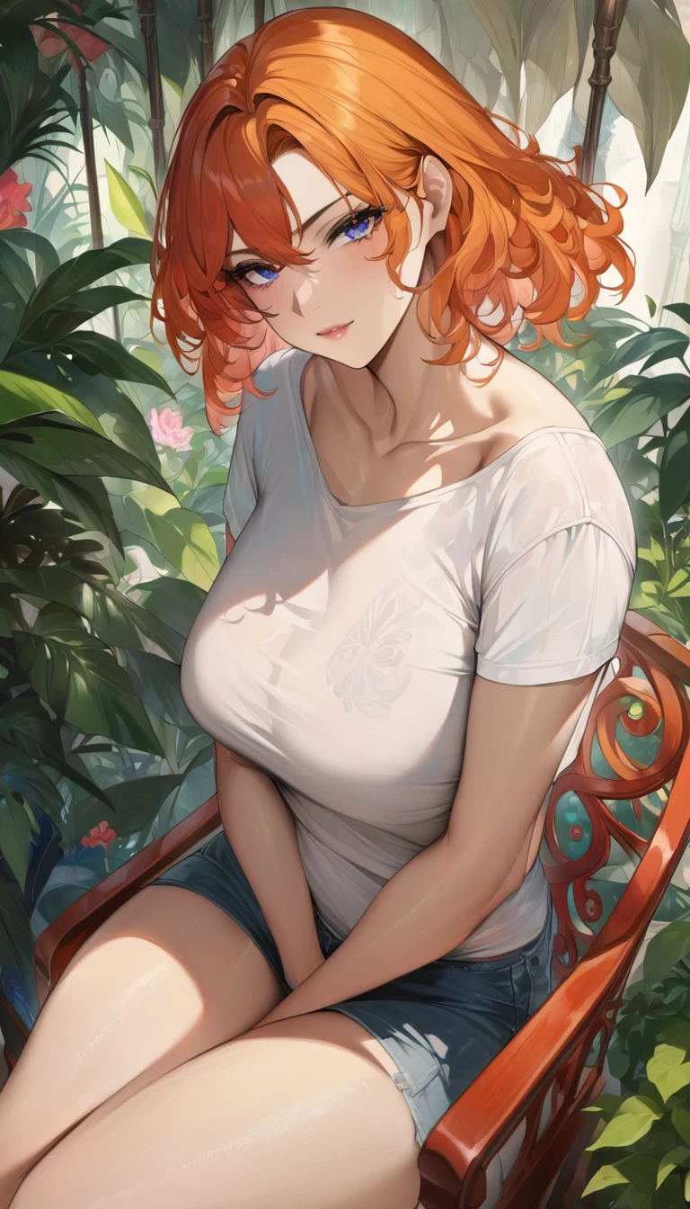 (best quality,ultra-detailed,highres,masterpiece:1.2), detailed eyes, realistic facial features, intense gaze, flawless skin, alluring, soft and natural lighting, vibrant colors,sfw, cool hair,,heeled,Sitting on the gazebo,garden,low shoulder t-shirt,perfect