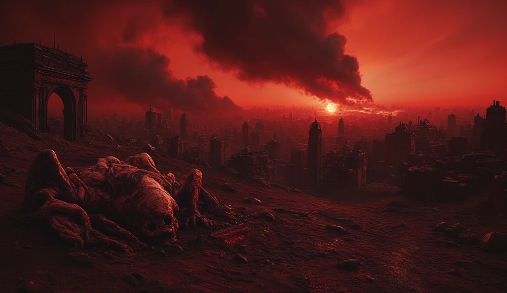 A flesh-and-blood supermind buried in the sands of a bloody wasteland. An ancient artifact from a long time ago. A crimson sunset, scarlet clouds in a black sky. A bonfire is burning. the ruins of the city. The Gate to Hell