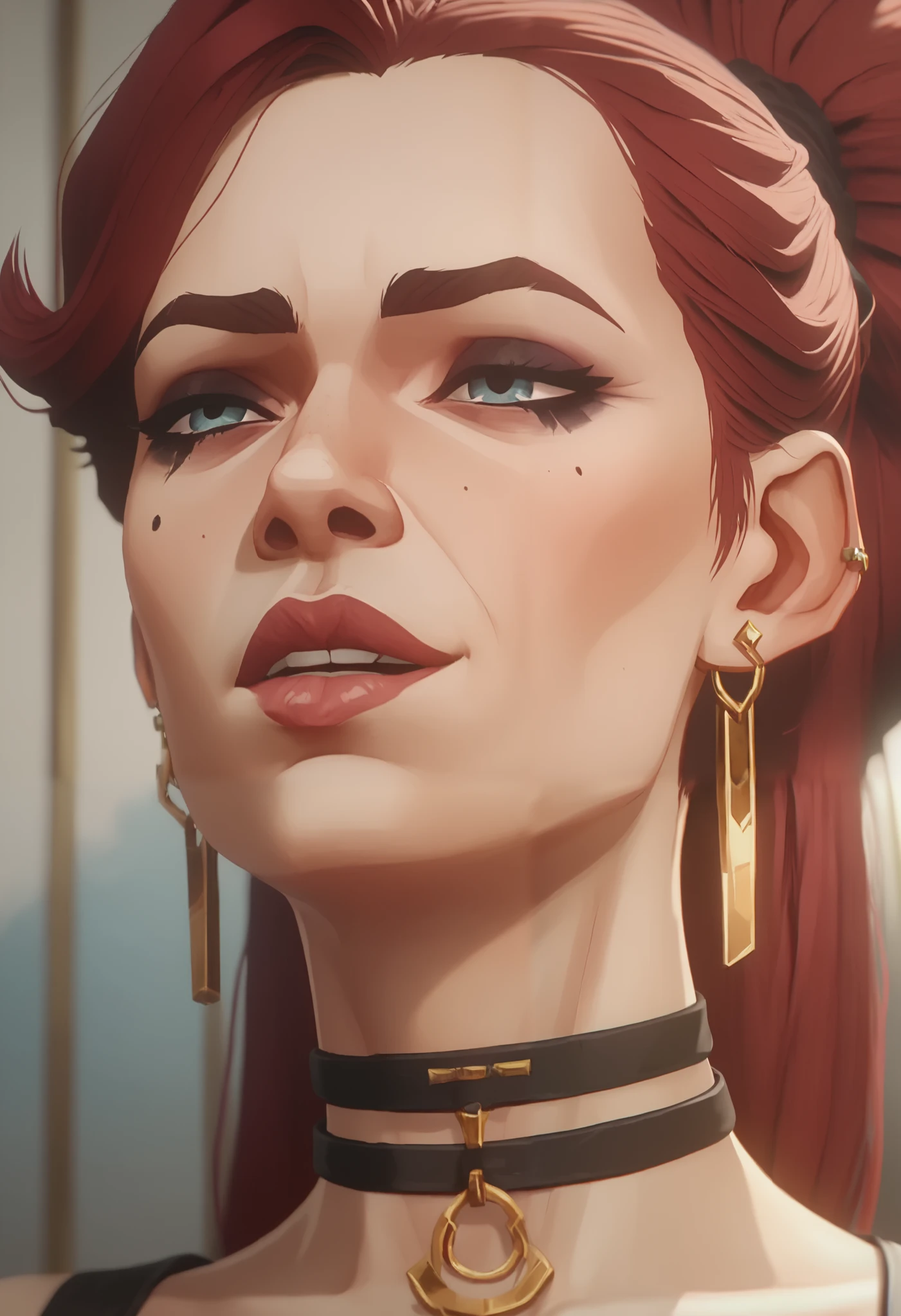  The character portrayed in the image has striking features and a distinct style.  She has long and vibrant red hair ,  with locks that fall gently over her face ,  creating a dramatic .  eyes are of a deep and expressive tone ,  with a suggestive emotional intensity ,  while the use of makeup and details such as sparkles emphasize the appearance .

 She has a voluminous lower lip , adorned with a pierci ,  that adds a bold touch to her look .  The face design is delicate ,  but exudes confidence ,  especially for her expression and posture . Furthermore,  the character wears a black choker ,  complementing your alternative style and contemporary .

The details,  like the earrings and rings on the fingers ,  shows care for aesthetics ,  suggesting an expressive and perhaps even slightly rebellious personality . The color palette ,  predominating red and neutral tones ,  creates a captivating and attractive atmosphere .