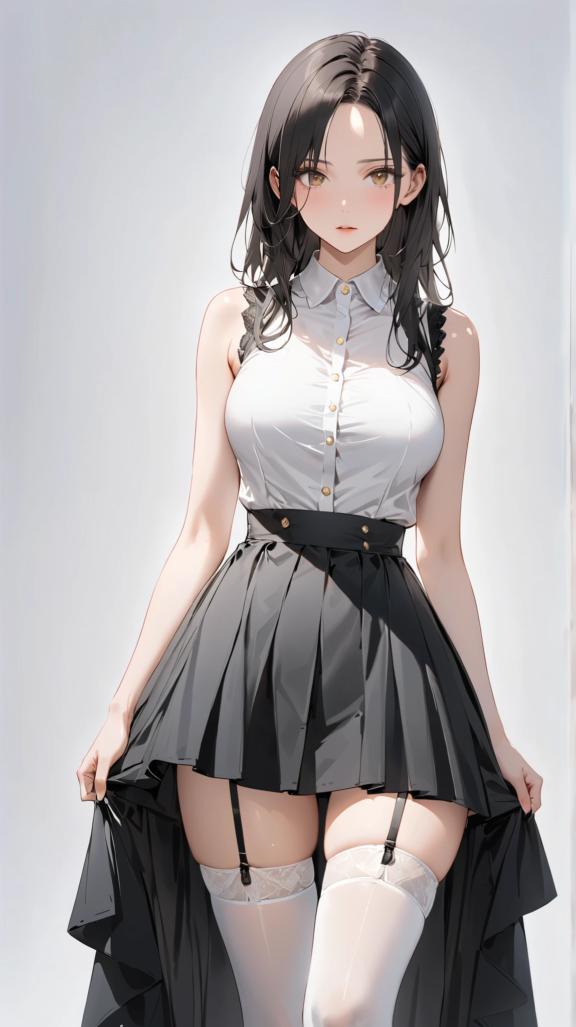 1 female,30years old,Black Hair,Beautiful ponytail hairstyles, (High Waist Skirt:1.3),, (White shirt:1.3), (Double-breasted,Underbust:1.2), Moaning,Sweaty thighs,My crotch is wet,Roll up your skirt,who、blush、whole body、A skirt so short that you can almost see her butt、Sleeveless clothing、In a dark alley、Morning Short Skirt、Sideboob、See-through outfit、Posing that emphasizes her big butt、Clothes with a wide open back、High heels
