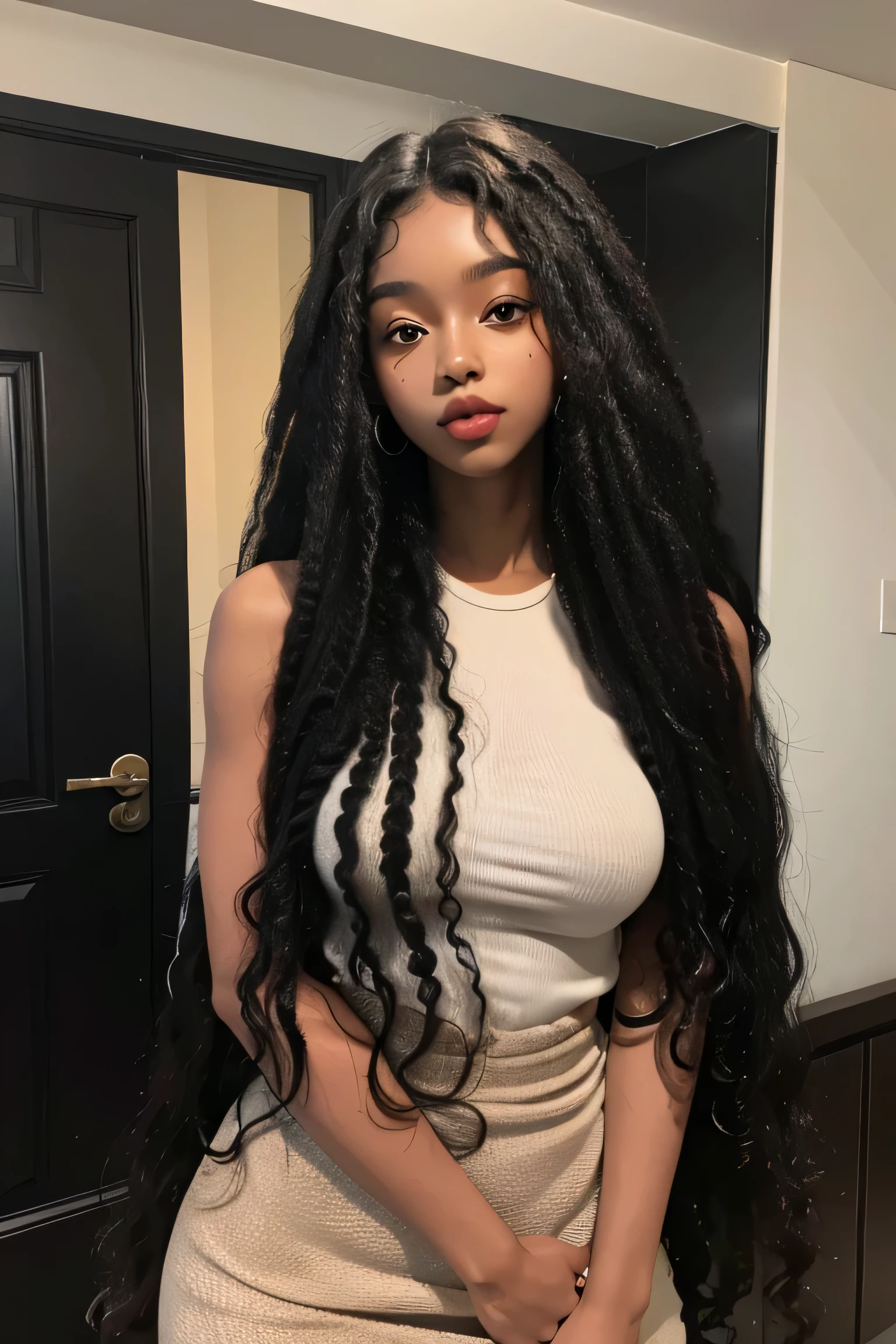 masterpiece, best quality, beautiful black mixed 19 year old, light brown skin female, long, frizzy, curly black hair, perfect face, half body, long curly hair, melanin