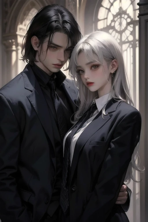  top quality,   very detailed , Beautiful couple, silver-haired man and dark-haired woman,   Gothic Fashion ,  navy clothes, 