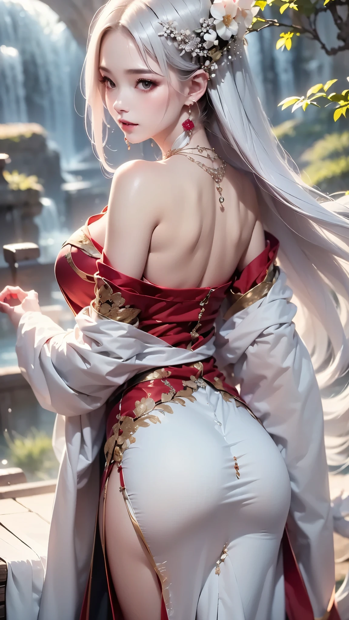 (masterpiece:1.5, Highest quality, Very detailed、 Dutch Angle、Semi-Realistic、Fantasy)(One girl, alone)(White and beautiful hair:1.4,,Straight Long Hair)(Wearing Han clothes, Royalty、White and red Hanfu:1.6,Thick fabric,Long sleeve)、((Off the shoulder、Medium Chest、ruby ​​necklace))(From behind：1.4,　Legs wrapped in tights)(Cherry tree、dead tree、Mystical Night、Particles of light float around the woman、Space for fantasy)
