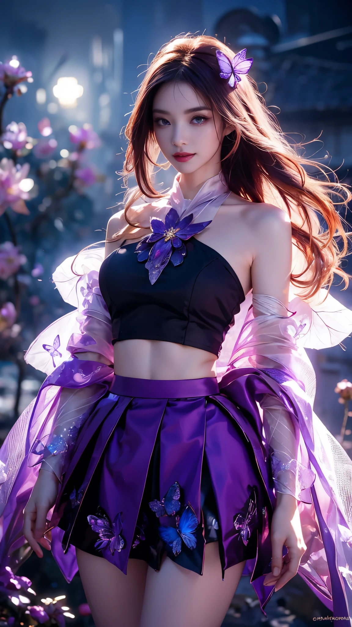 Elegant posture, She gently lifted her skirt with one hand,头发周围有白色的Butterfly兰,Lilac dendrobium、White Lily, Long legs , Deep in Wonderland, ((Flowing long hair))Official Art , Unity8k Wallpaper , Extremely detailed , Visible cleavage, Pretty and beautiful , 性感Long legs, masterpiece , best quality ,Practical, Very detailed illustrations ,Extremely detailed , Intricate details , Extremely complex and detailed , Very detailed 8KCG wallpaper , Caustics .reflection , Ray Tracing , Devil theme ,nebula ,Dark aura, Network Effects , (1 girl)solitary , 小蓝Butterfly , (Blue plasma flame , (insect , Butterfly)) Pastel tones in Rococo style ,Light white and light dark red , Incredibly beautiful , Cherry blossoms , Surrealism ,painting , Ethereal , Mixing reality and fantasy elements ,Ray Tracing , Complex Mode , Exquisite lines , Perfect your hands, Starry Sky , Colorful , Star