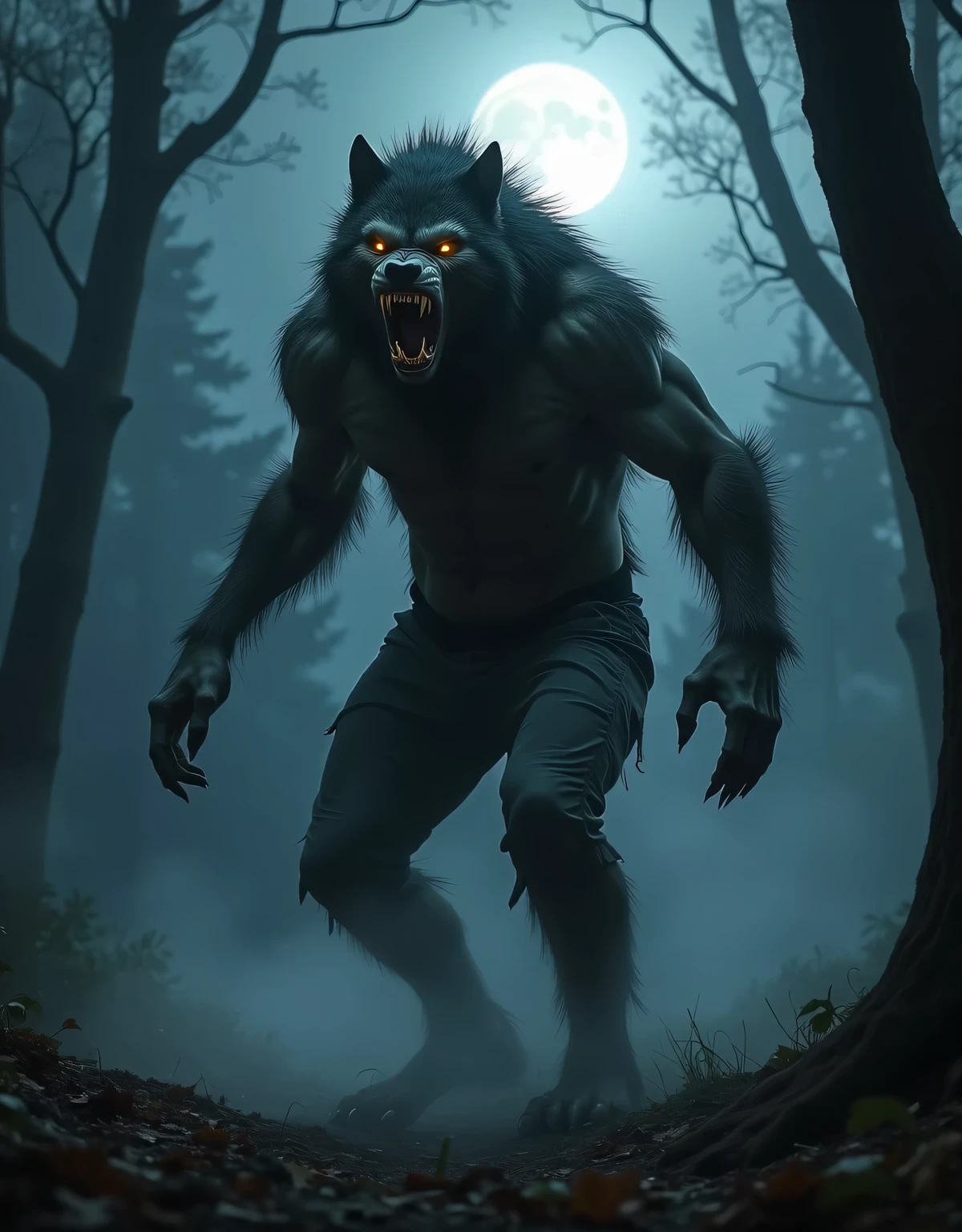 A man turning into a werewolf under the glow of a full moon, a dark, foggy forest with silhouettes of twisted trees and the faint glow of moonlight piercing through the mist, the man is midway through his transformation, his face contorts with agony and feral intensity as his jaw elongates, forming a snarling wolf's muzzle, his hands stretch and claw into sharp, monstrous talons, with tufts of fur rapidly growing along his arms and chest, his clothes tear apart at the seams as his muscular frame expands, his spine arching unnaturally, his eyes glow an eerie yellow, reflecting both rage and despair, while shadows and swirling fog enhance the eerie, primal atmosphere, the ground beneath him is littered with fallen leaves and disturbed earth, emphasizing the violent nature of the transformation,ultra-detailed, cinematic lighting, moody atmosphere, fur textures, chiaroscuro lighting,cinematic composition,photorealistic,8k,masterpiece,best quality,dark fantasy,award winning concept art