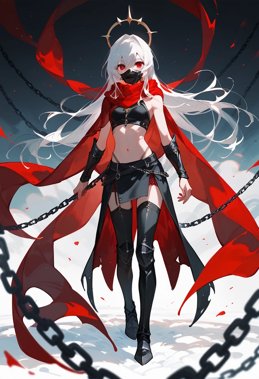 knight,Black Mask ,cool,Skinny red,With a red side shawl,With black chain,Long hair, in red eyes 