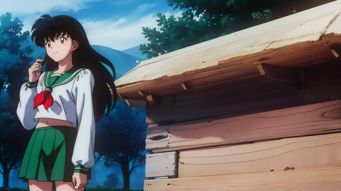 1girl, solo, outdoors, long hair, brown eyes, school uniform,(Masterpiece: 1.6, Best Quality), (Fine Beautiful Eyes: 1.2), (best quality, masterpiece, higher), green school uniform, soft thighs , long sleeves, white socks, scenery , Best Quality, ((anime)) ((Colored)) HD, Kagome Higurashi ,school uniforms, Standing, Green skirt, Red scarf, long hair, Black hair between the eyes, Thighs are soft, school background , black hair, skirt ,standing, green skirt, serafuku, belly button, midriff, smiling
