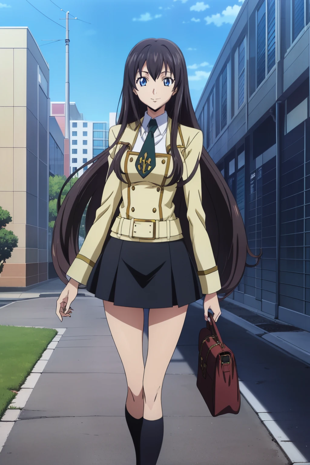 from side, 1 girl, cute, black hair, long hair, ((髪band)), (smile), (School Uniform, black skirt, knee socks), (Walking with a student bag), (walking the route to the school), (anime cels style, Masterpiece, best quality, high resolution, anime colored, megami magazine:1.2, anime poster style, anime keyvisual, sharp, 8k, photorealistic), beautiful blue eyes, (perfect anatomy, perfect finger, perfect leg)