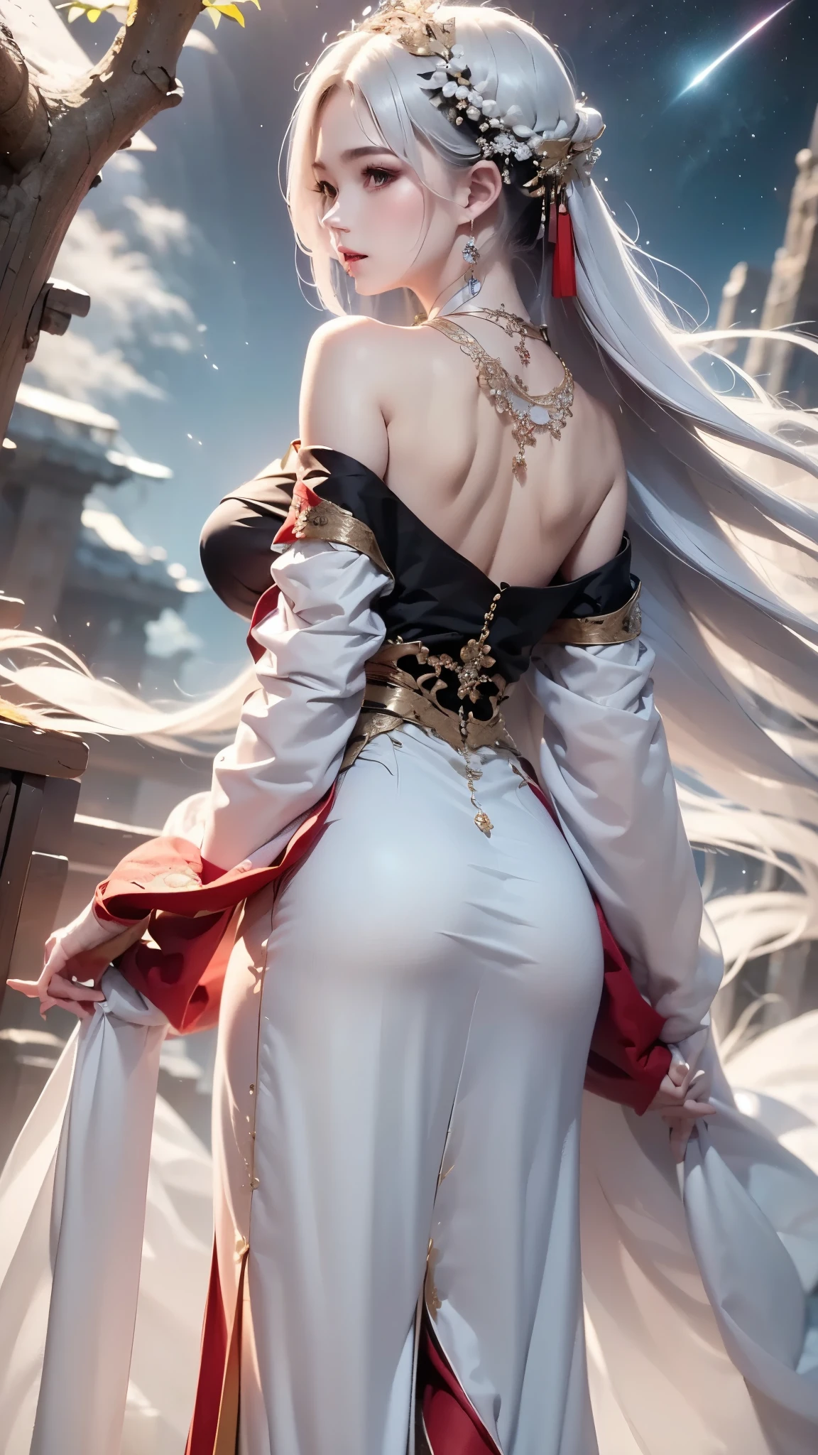 (masterpiece:1.5, Highest quality, Very detailed、 Dutch Angle、Semi-Realistic、Fantasy)(One girl, alone)(White and beautiful hair:1.4,,Straight Long Hair)(Wearing Han clothes, Royalty、White and red Hanfu:1.6,Thick fabric,Long sleeve)、((Off the shoulder、Medium Chest、ruby ​​necklace))(From behind：1.4,　Legs wrapped in tights)(Cherry tree、dead tree、Mystical Night、Particles of light float around the woman、Space for fantasy)
