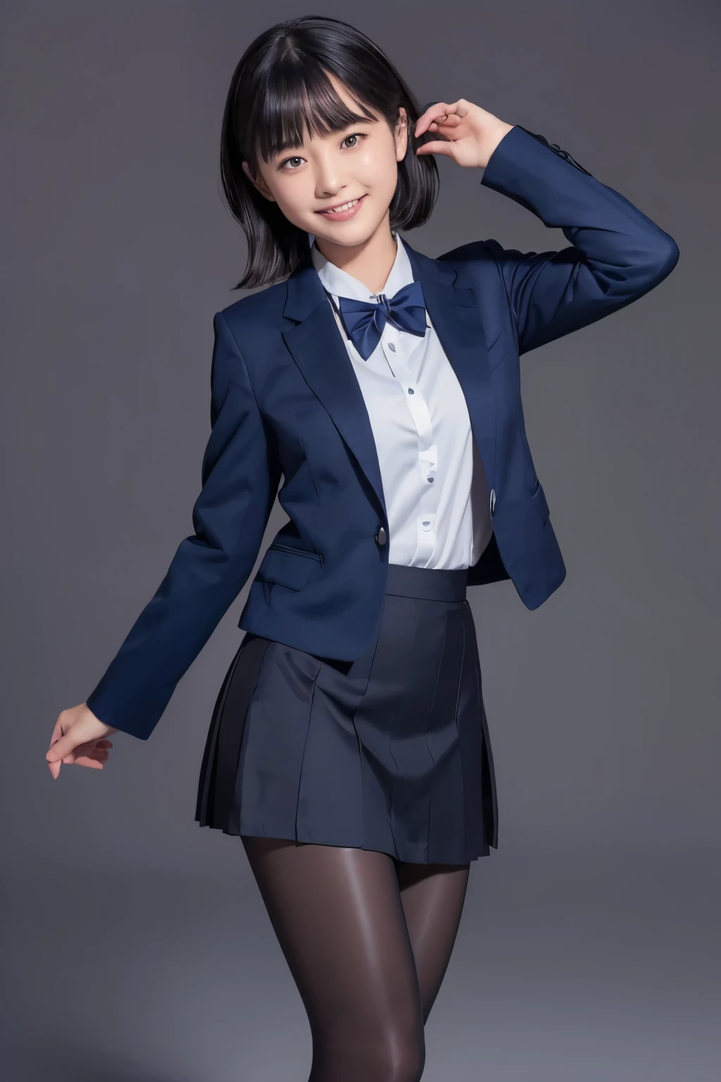  Max Image、HDR、 navy blue blazer、((Long tight skirt that hides the knee in plain navy blue ))、White blouse、((navy blue plain large bow tie))、((( black pantyhose)))、(( Black Loafers ))、(( full body photo of standing up to the feet))、Cute high school girls、Height: 160cm、 smile like an idol、 smiling and smiling、 professional lighting、((Plain background))、(( Max Image)),((Beautiful double eyelids ))、（ long lashes）、((( The blazer and skirt are the same dark blue and the material is the same)))、(( dark brown shiny hair ))、((Model Face Change ))、(( Ribbon Design Change))、((No handkerchief))、((silver cherry pin badge on collar))、 very short hair、((silver cherry pin badge on collar))、D Cup、(( best smile))、As cute as a popular idol、((The jacket and skirt are the same color)), (光る black pantyhose)、(( navy blue plain super long tight skirt))、 idol-like face 